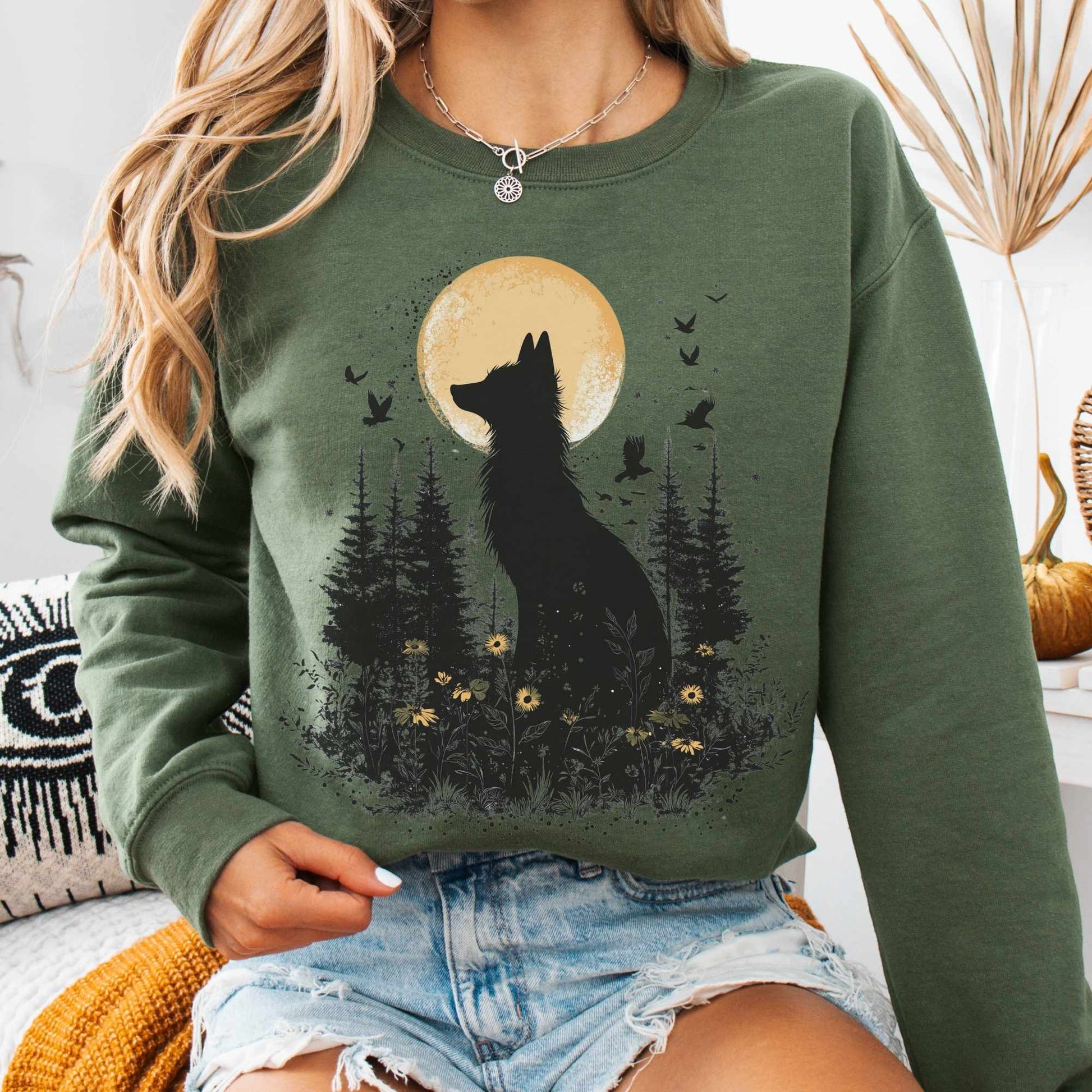 Sweatshirt S / Military Green Mystical Fox Under Yellow Moon Sweatshirt The Mystic Eden