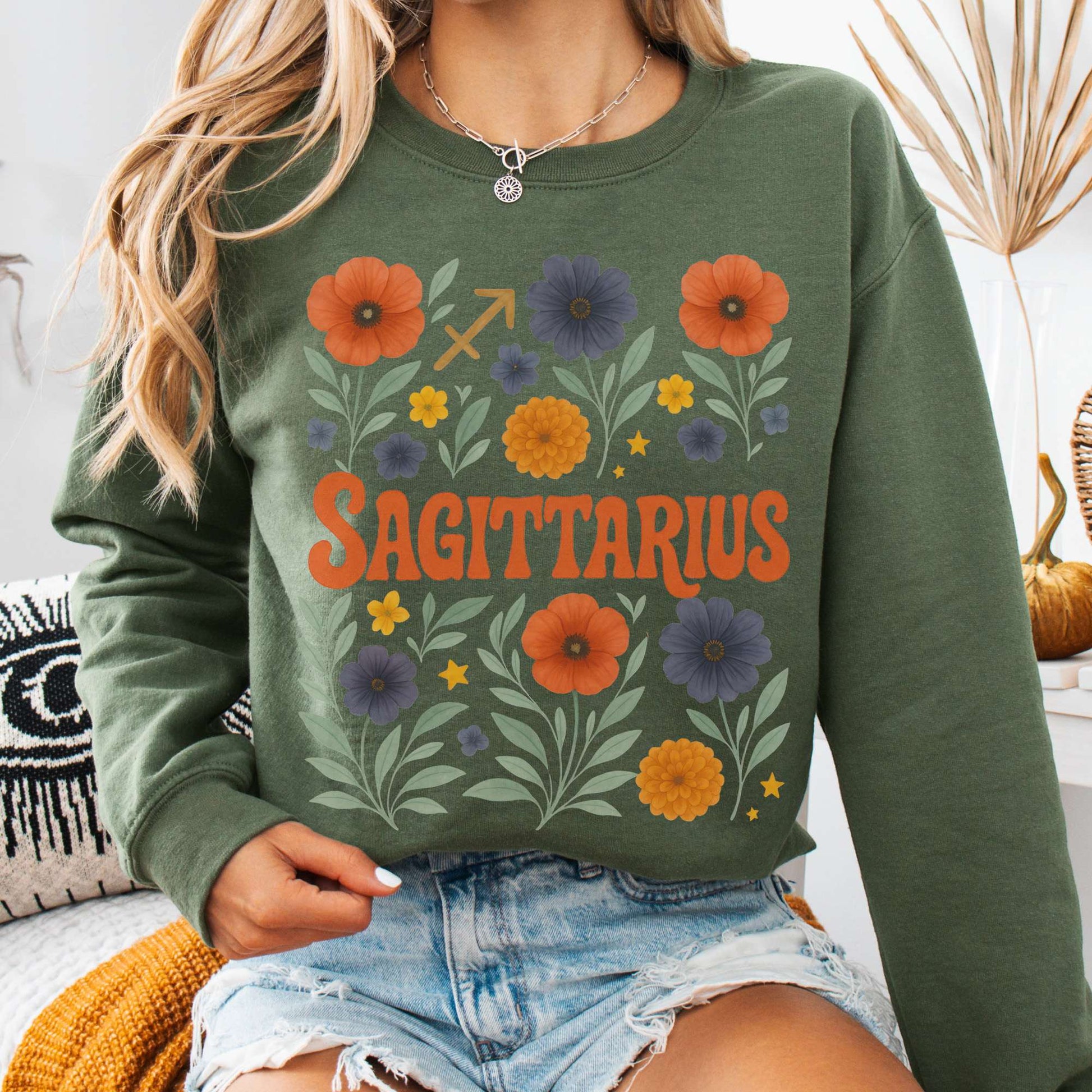 Sweatshirt S / Military Green Sagittarius Sweatshirt – Boho Floral Zodiac Pullover The Mystic Eden