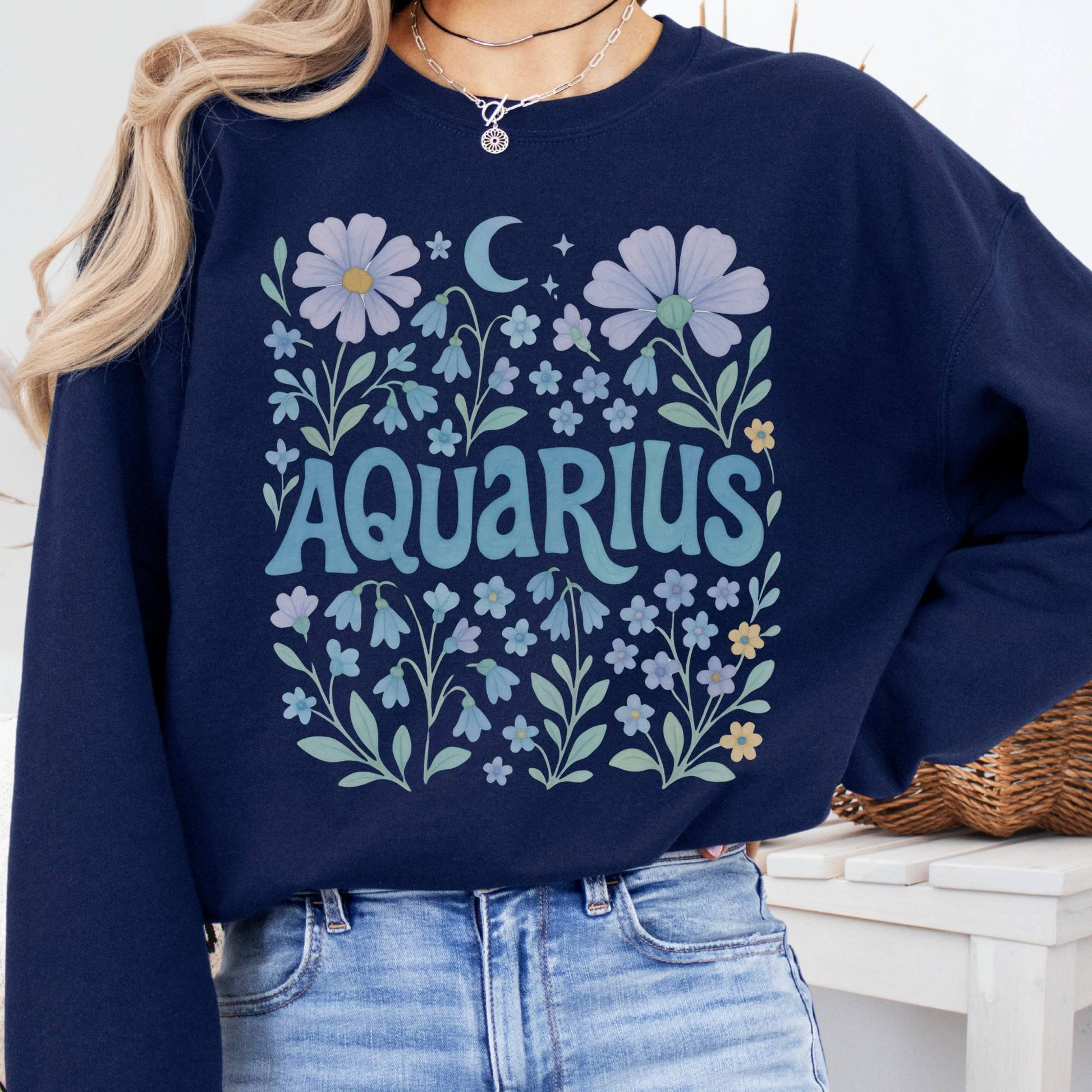 Sweatshirt S / Navy Aquarius Sweatshirt – Boho Floral Zodiac Pullover The Mystic Eden