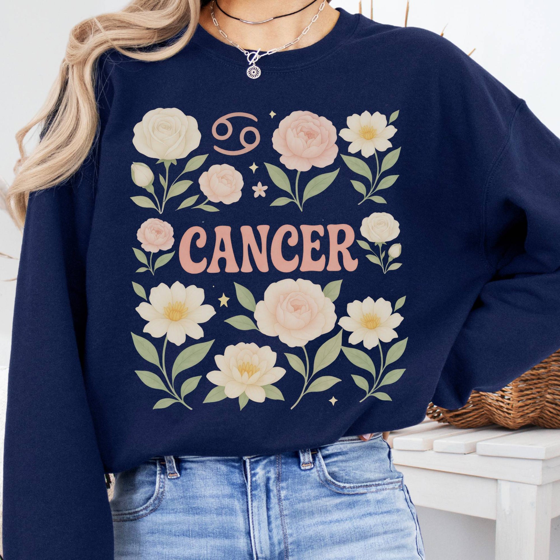 Sweatshirt S / Navy Cancer Sweatshirt – Boho Floral Zodiac Pullover The Mystic Eden