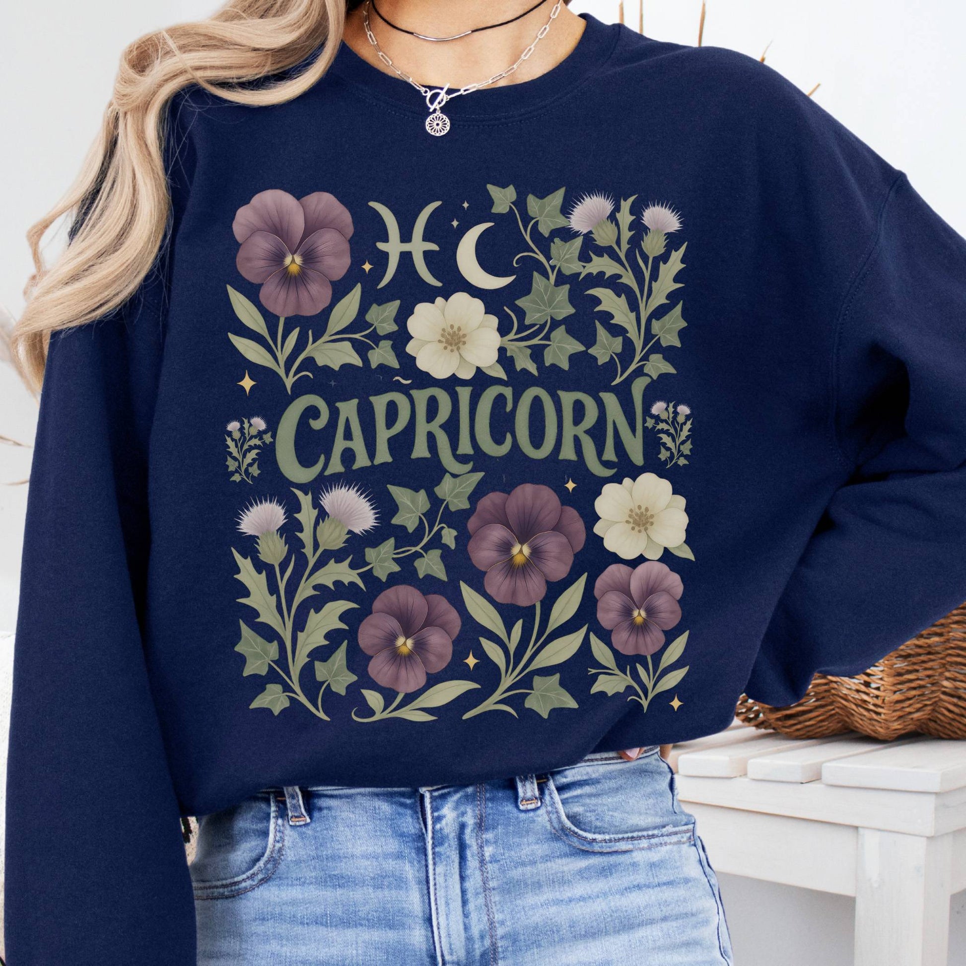 Sweatshirt S / Navy Capricorn Sweatshirt – Boho Floral Zodiac Pullover The Mystic Eden