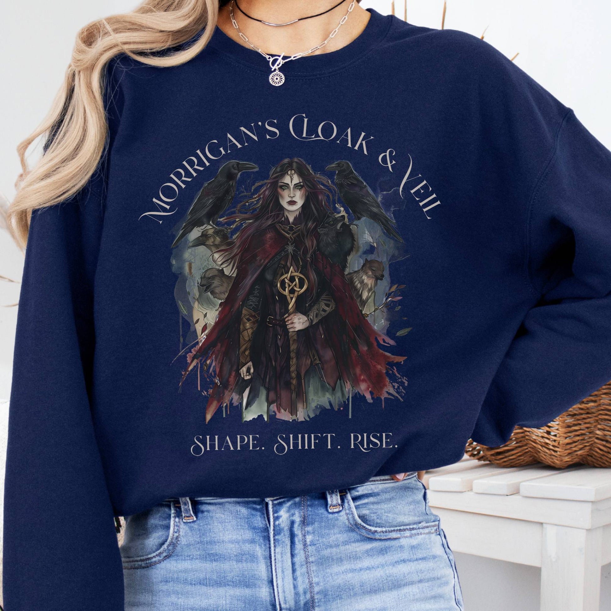 Sweatshirt S / Navy Morrigan's Cloak & Veil Sweatshirt – Celtic Goddess Tee The Mystic Eden