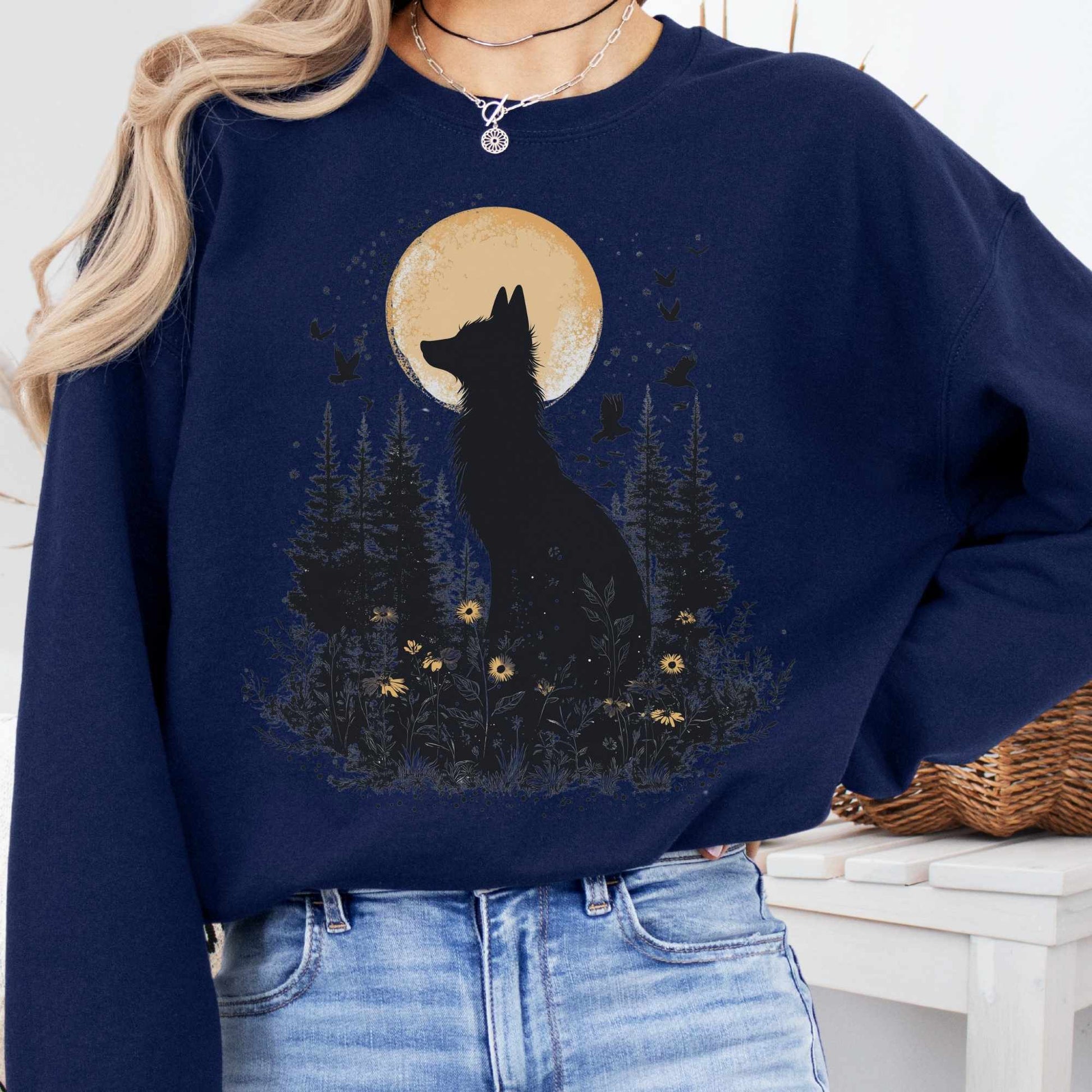 Sweatshirt S / Navy Mystical Fox Under Yellow Moon Sweatshirt The Mystic Eden