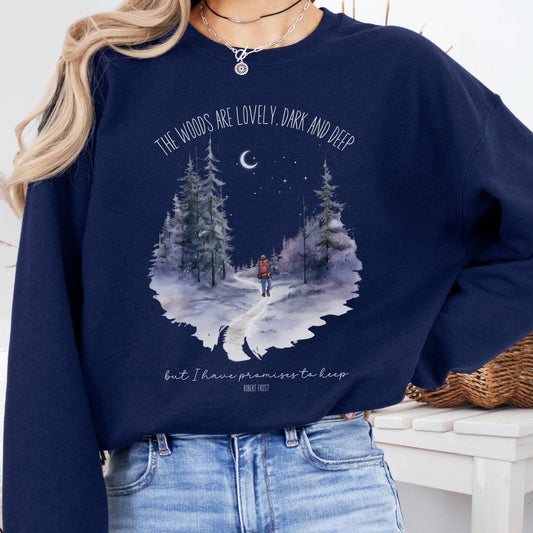 Sweatshirt S / Navy The Woods Are Lovely Robert Frost Sweatshirt – Winter Poetry Tee The Mystic Eden