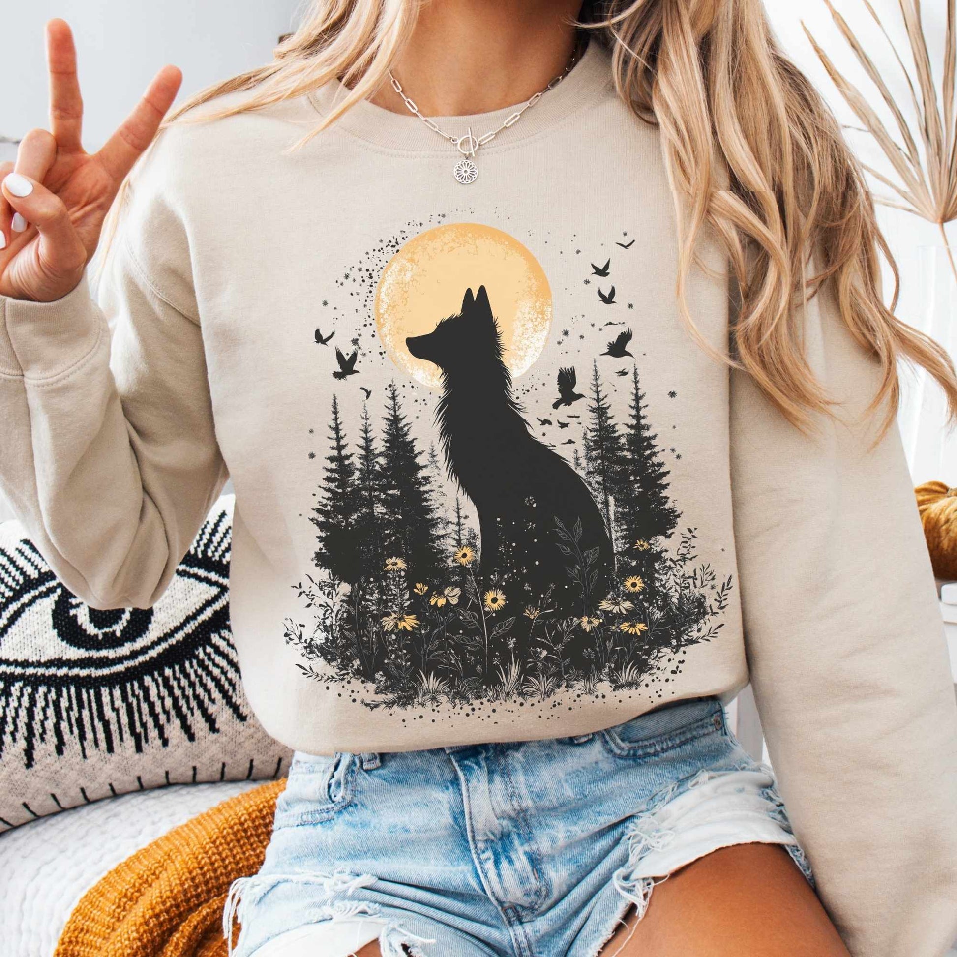 Sweatshirt S / Sand Mystical Fox Under Yellow Moon Sweatshirt The Mystic Eden