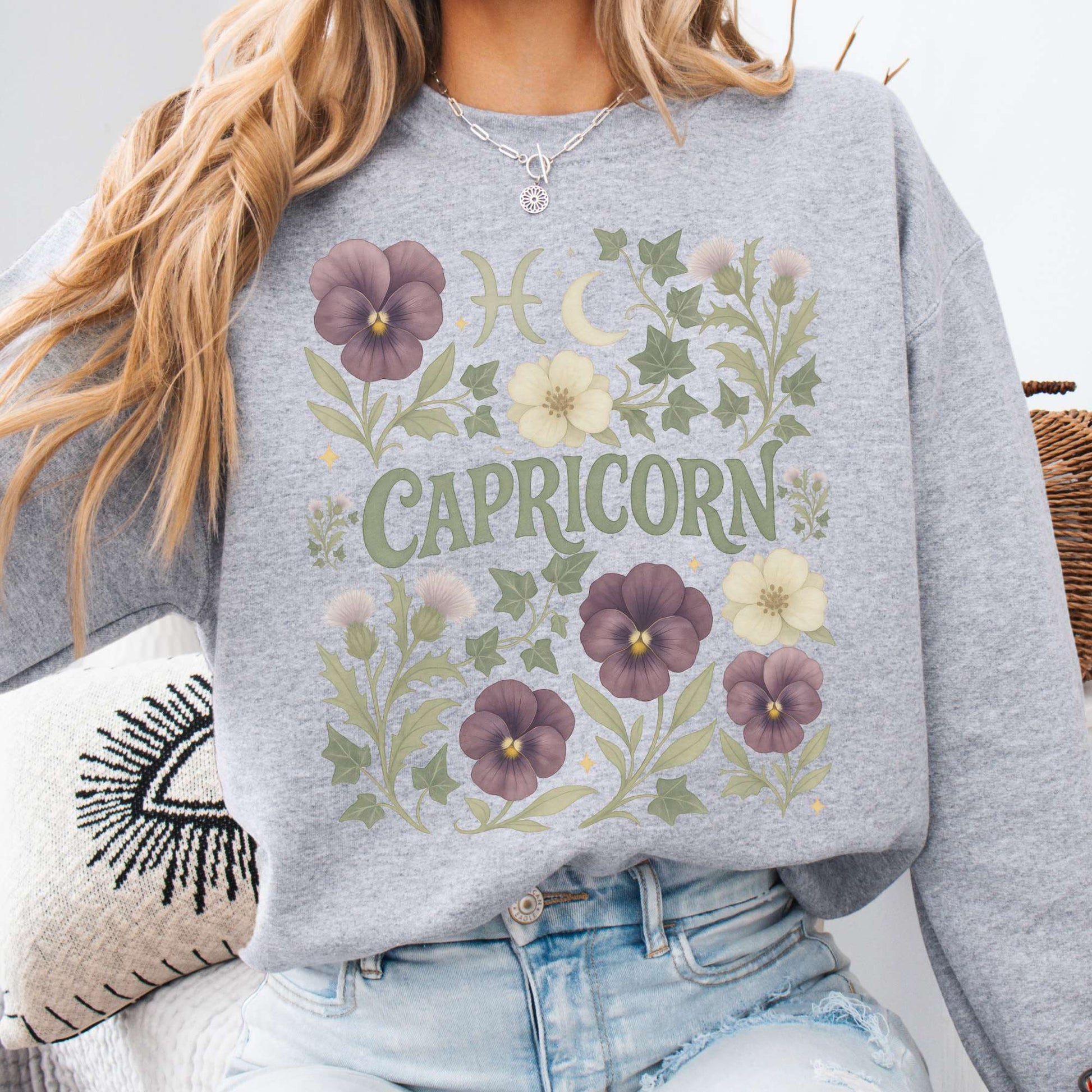 Sweatshirt S / Sport Grey Capricorn Sweatshirt – Boho Floral Zodiac Pullover The Mystic Eden