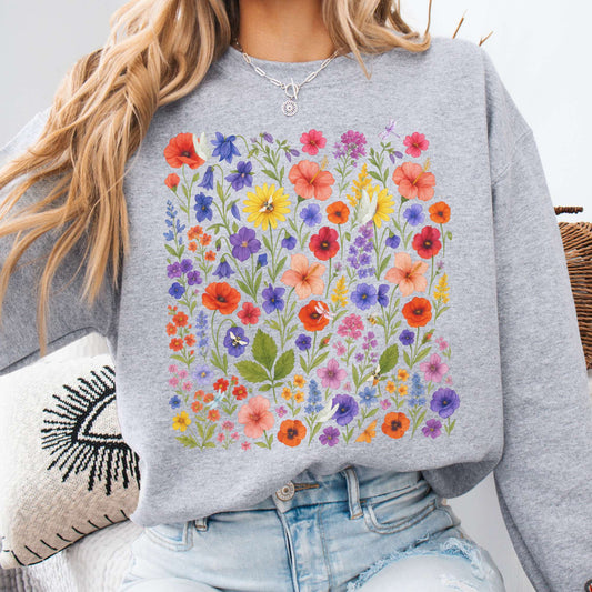 Sweatshirt S / Sport Grey Wildflower Bloom Sweatshirt – Vibrant Floral Cottagecore Tee The Mystic Eden
