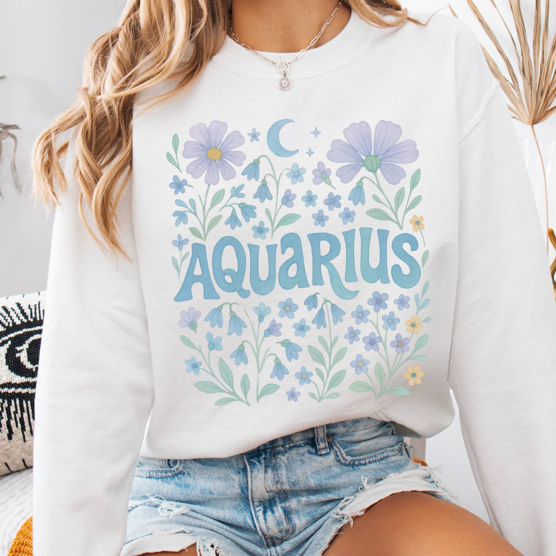 Sweatshirt S / White Aquarius Sweatshirt – Boho Floral Zodiac Pullover The Mystic Eden