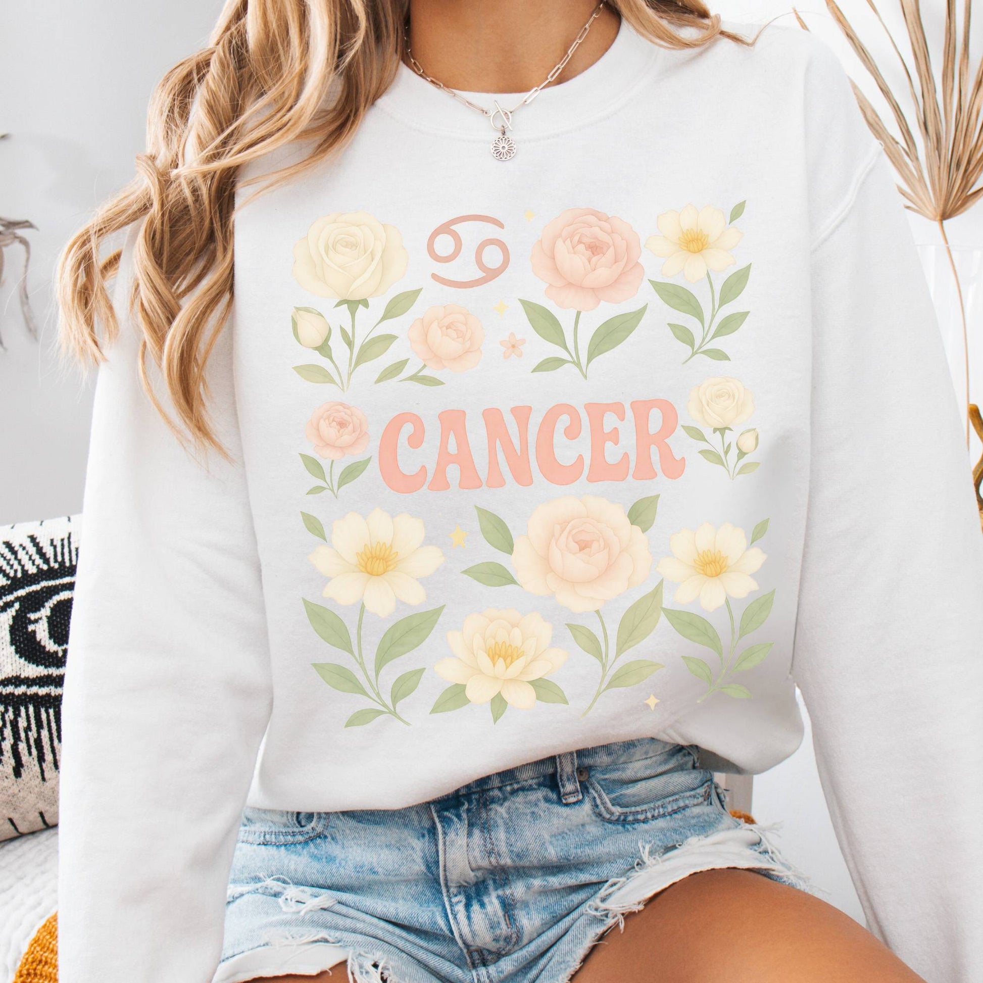 Sweatshirt S / White Cancer Sweatshirt – Boho Floral Zodiac Pullover The Mystic Eden