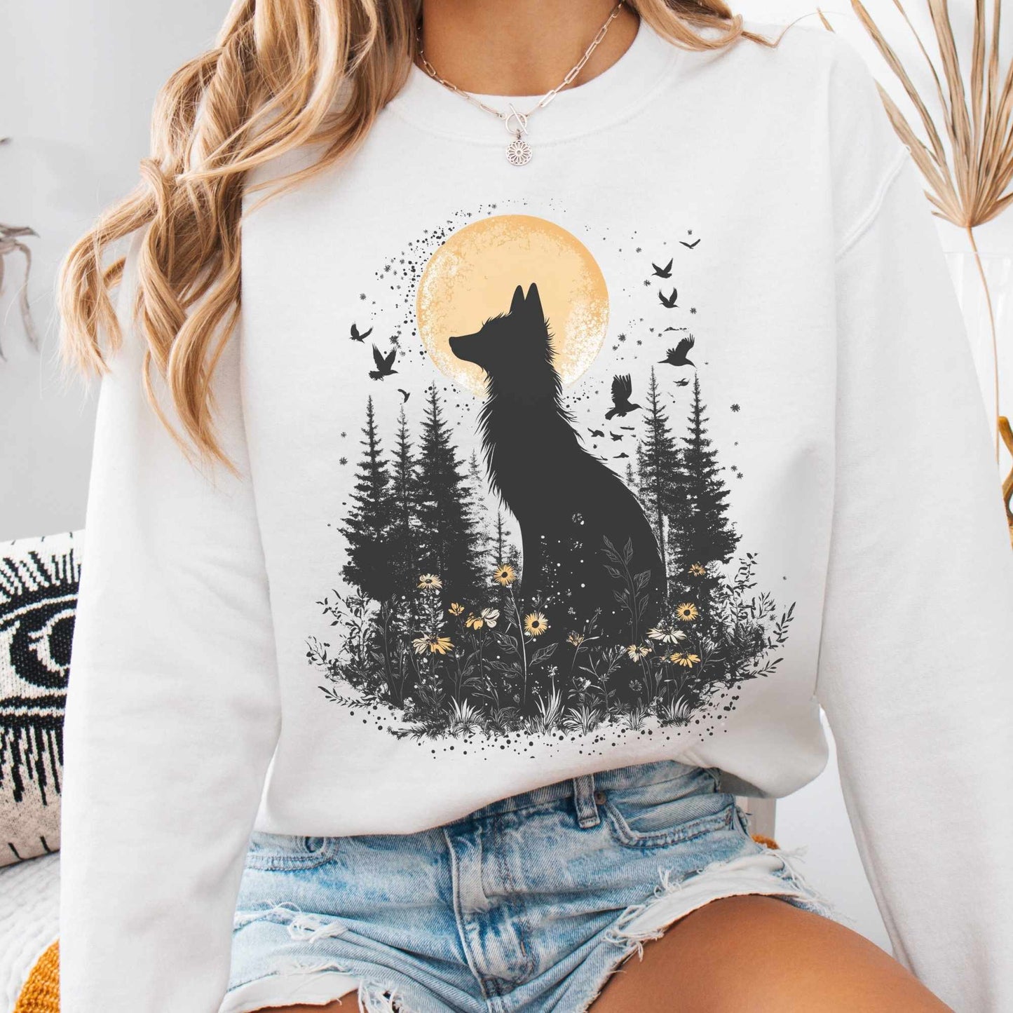 Sweatshirt S / White Mystical Fox Under Yellow Moon Sweatshirt The Mystic Eden