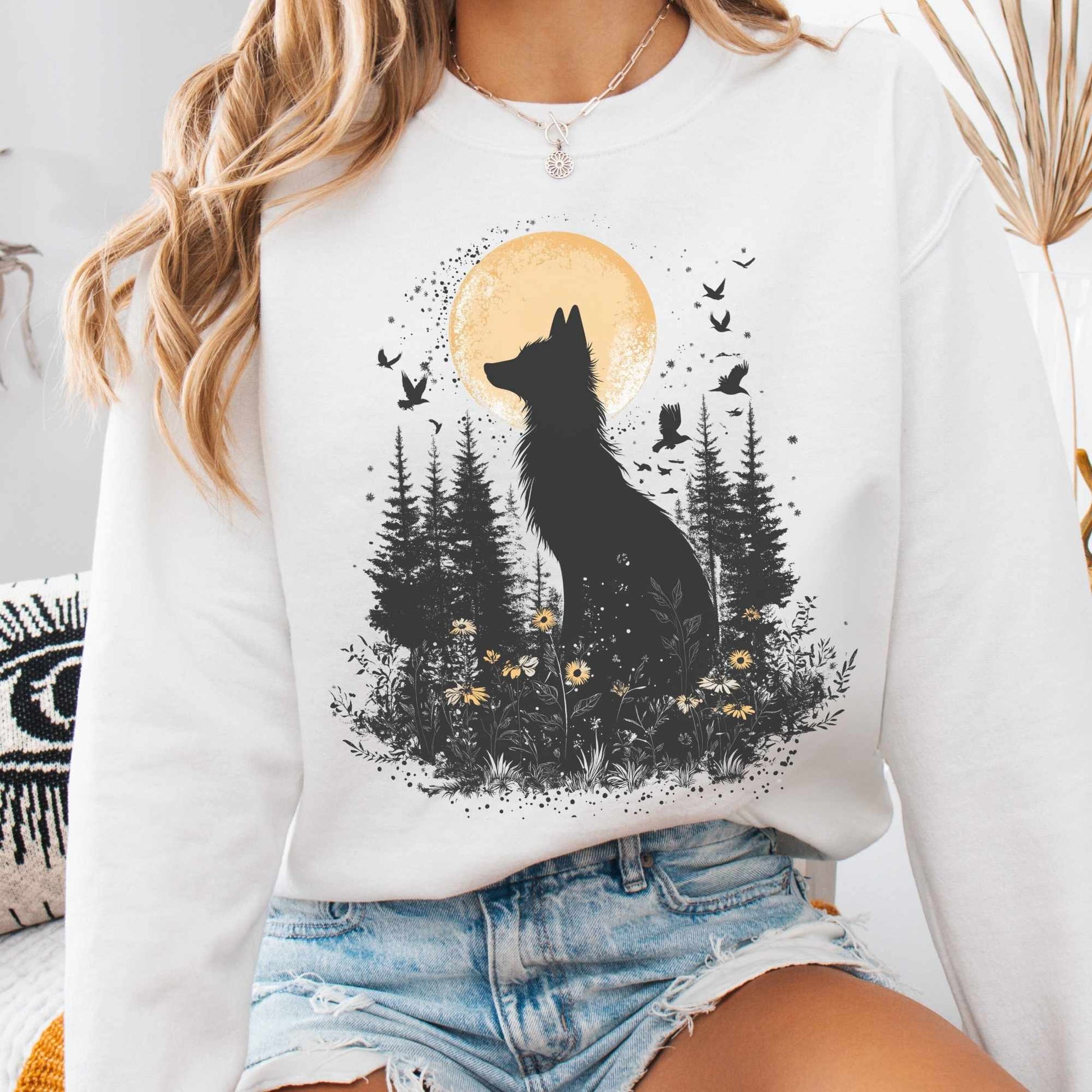 Sweatshirt S / White Mystical Fox Under Yellow Moon Sweatshirt The Mystic Eden