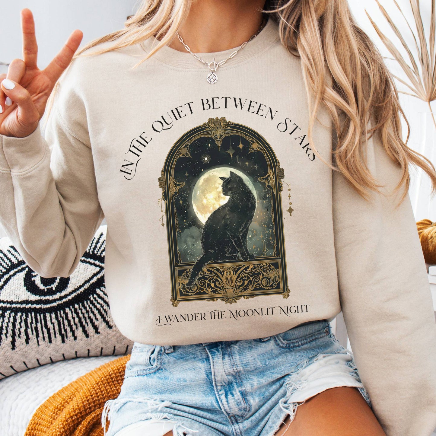 Sweatshirt Sand / S In the Quiet Between Stars Moonlit Cat Sweatshirt The Mystic Eden