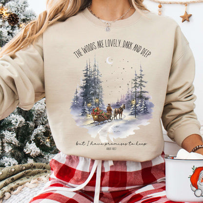 Sweatshirt Sand / S The Woods Are Lovely Robert Frost Christmas Sweatshirt The Mystic Eden