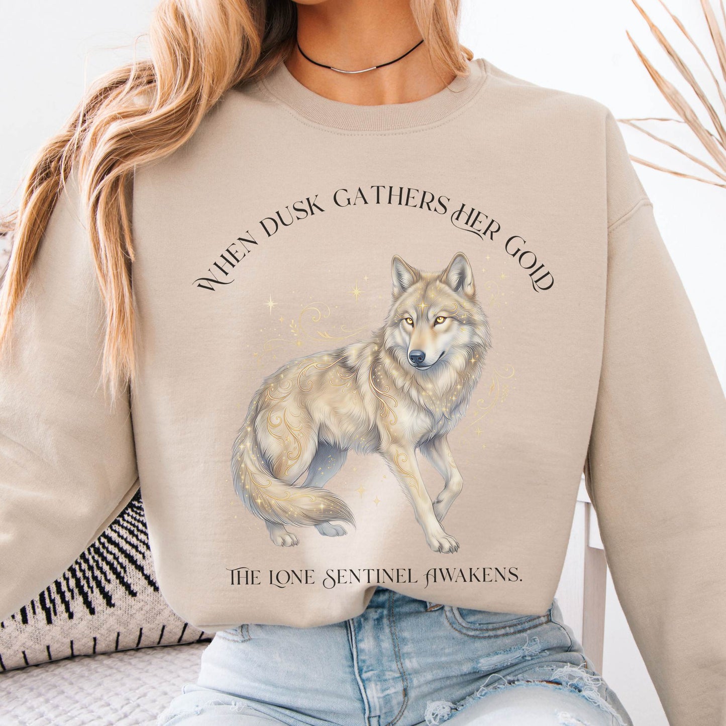 Sweatshirt Sand / S When Dusk Gathers Her Gold Mystical Wolf Crewneck Sweatshirt The Mystic Eden