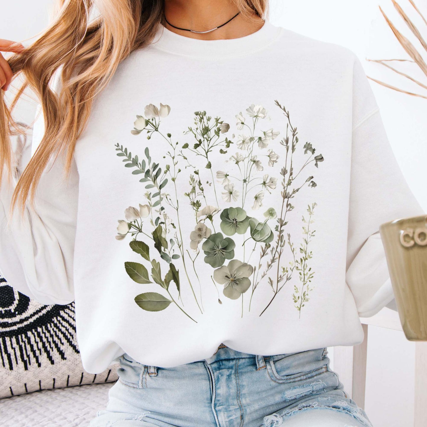 Sweatshirt White / S Sage and White Wildflower  Sweatshirt The Mystic Eden
