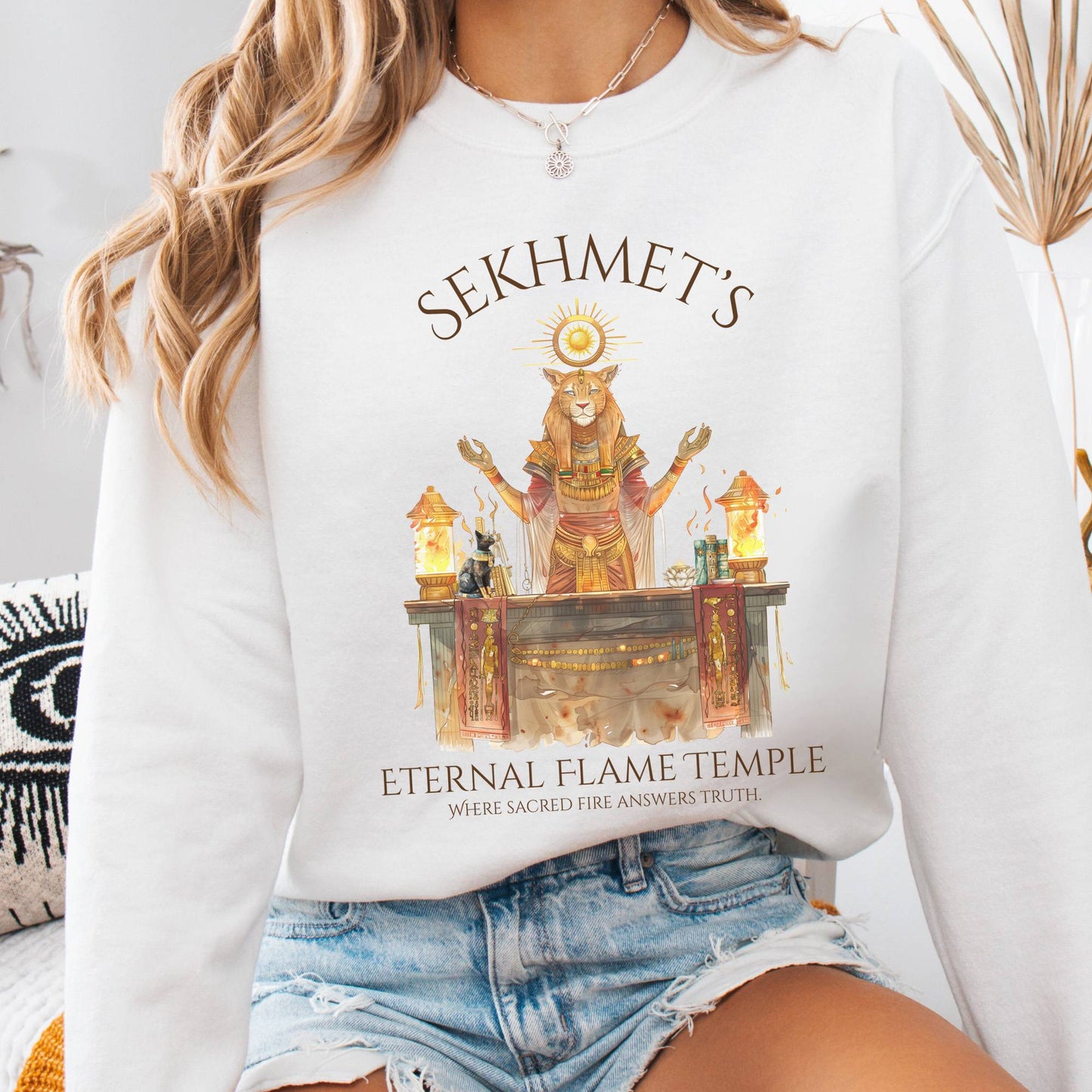 Sweatshirt White / S Sekhmet's Eternal Flame Temple Egyptian Mythology Sweatshirt The Mystic Eden