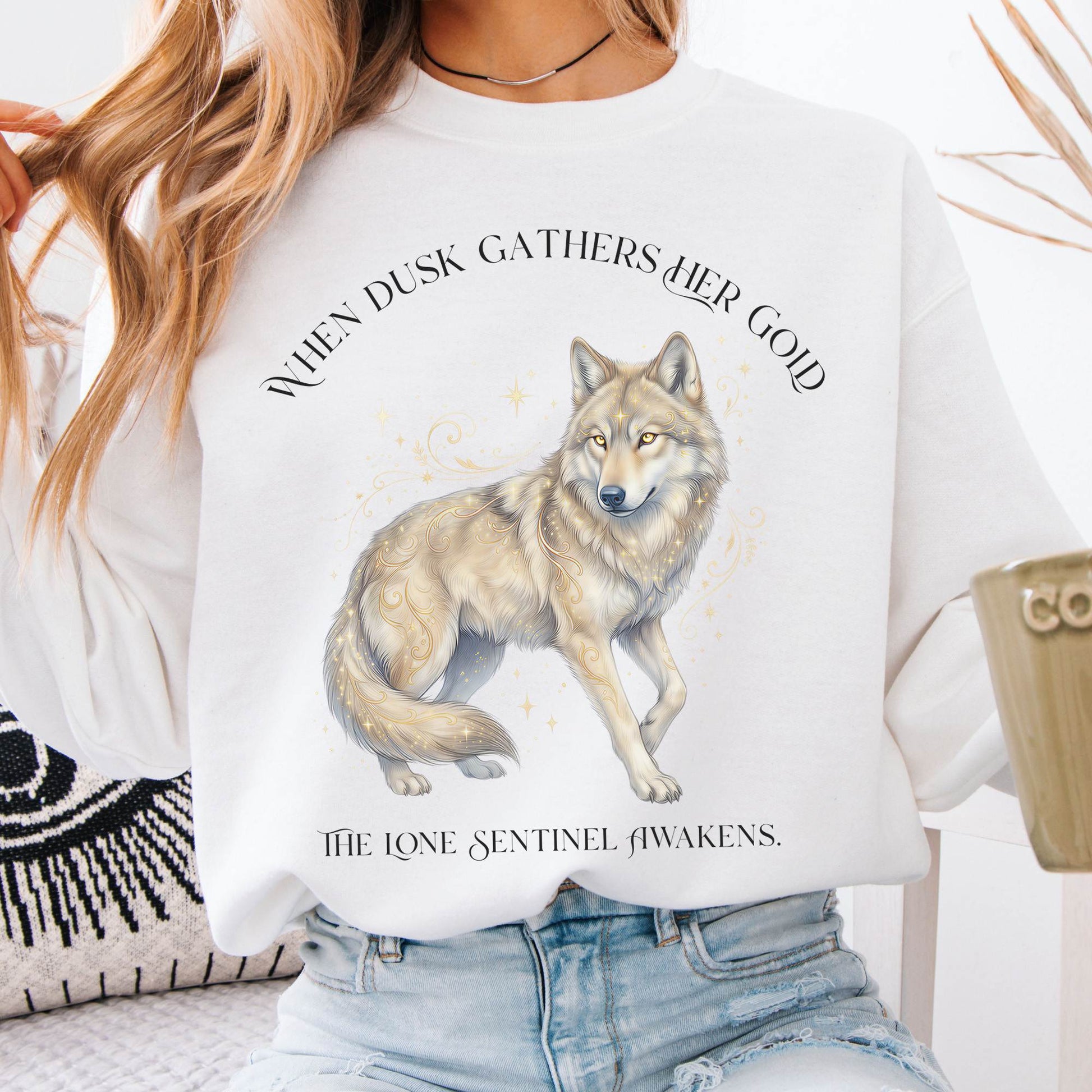 Sweatshirt White / S When Dusk Gathers Her Gold Mystical Wolf Crewneck Sweatshirt The Mystic Eden