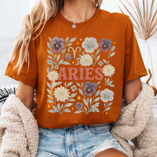 T-Shirt Autumn / S Aries Bella T-Shirt – Retro Floral Zodiac Tee The Mystic Eden