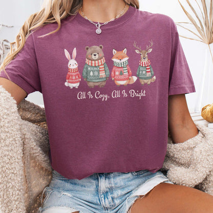 T-Shirt Berry / S All Is Cozy, All Is Bright — Woodland Christmas Christmas Tee The Mystic Eden