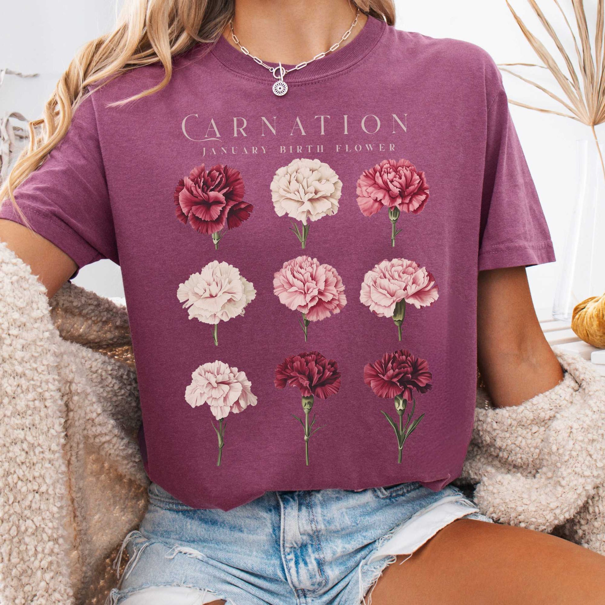 T-Shirt Berry / S Carnation January Birth Month Flower Shirt The Mystic Eden