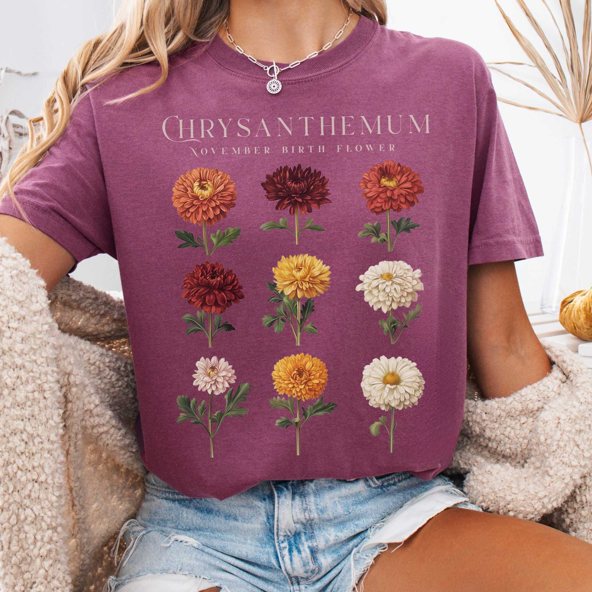 T-Shirt Berry / S Chrysanthemum November Birth Month Flower Shirt The Mystic Eden