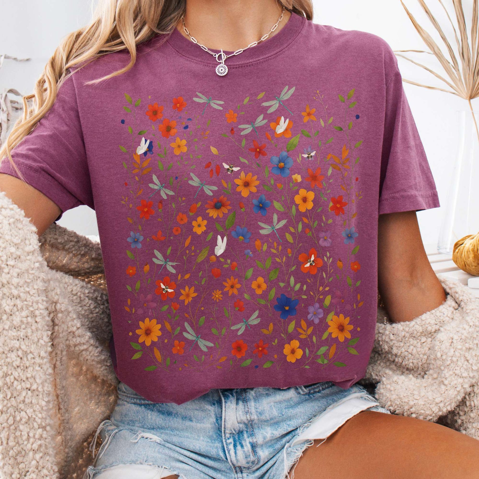 T-Shirt Berry / S Dragonfly Meadow T-Shirt – Whimsical Floral Tee The Mystic Eden