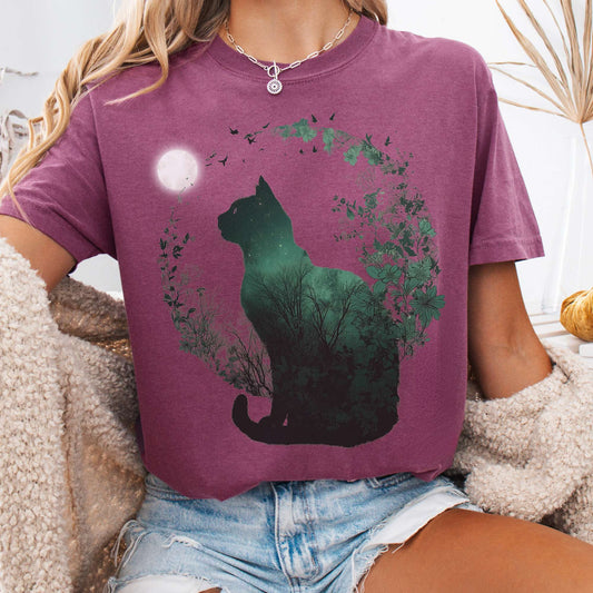 T-Shirt Berry / S Midnight Cat in the Forest T-Shirt – Celestial Cottagecore Tee The Mystic Eden