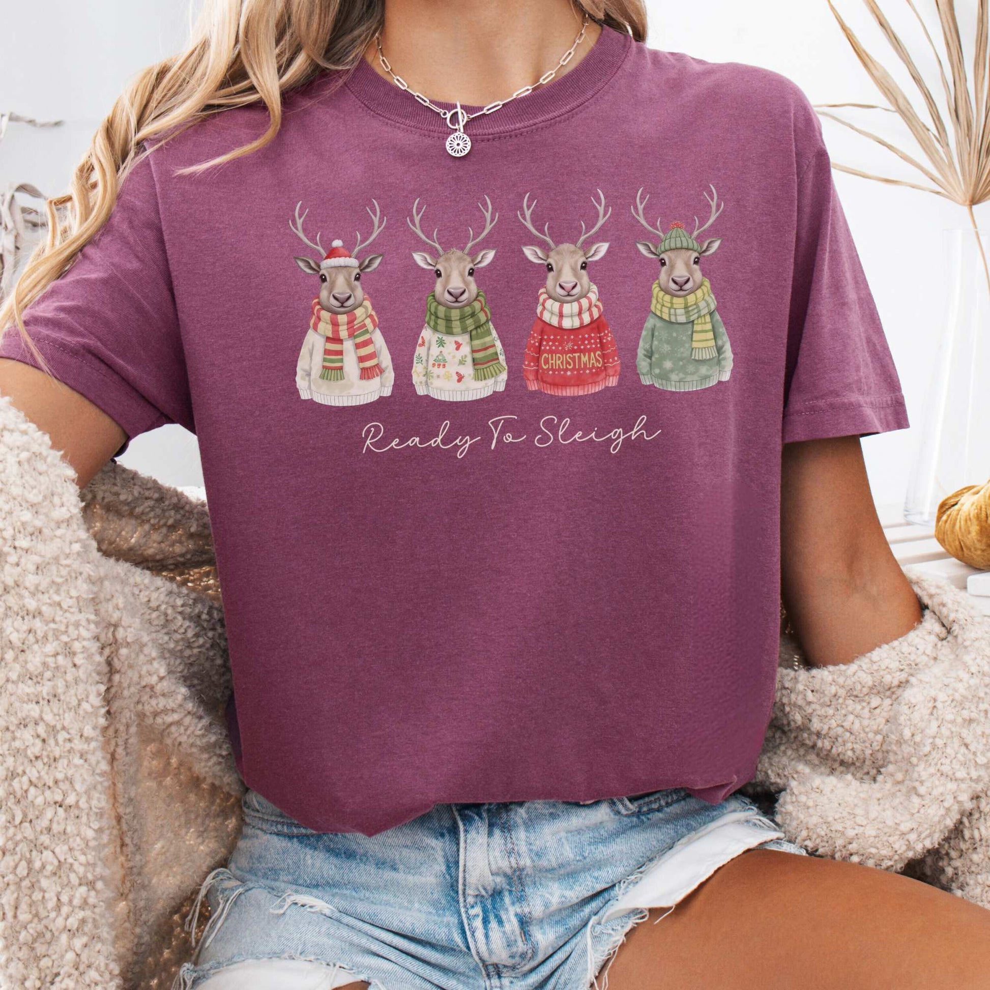 T-Shirt Berry / S Ready to Sleigh — Festive Reindeer Christmas Tee The Mystic Eden
