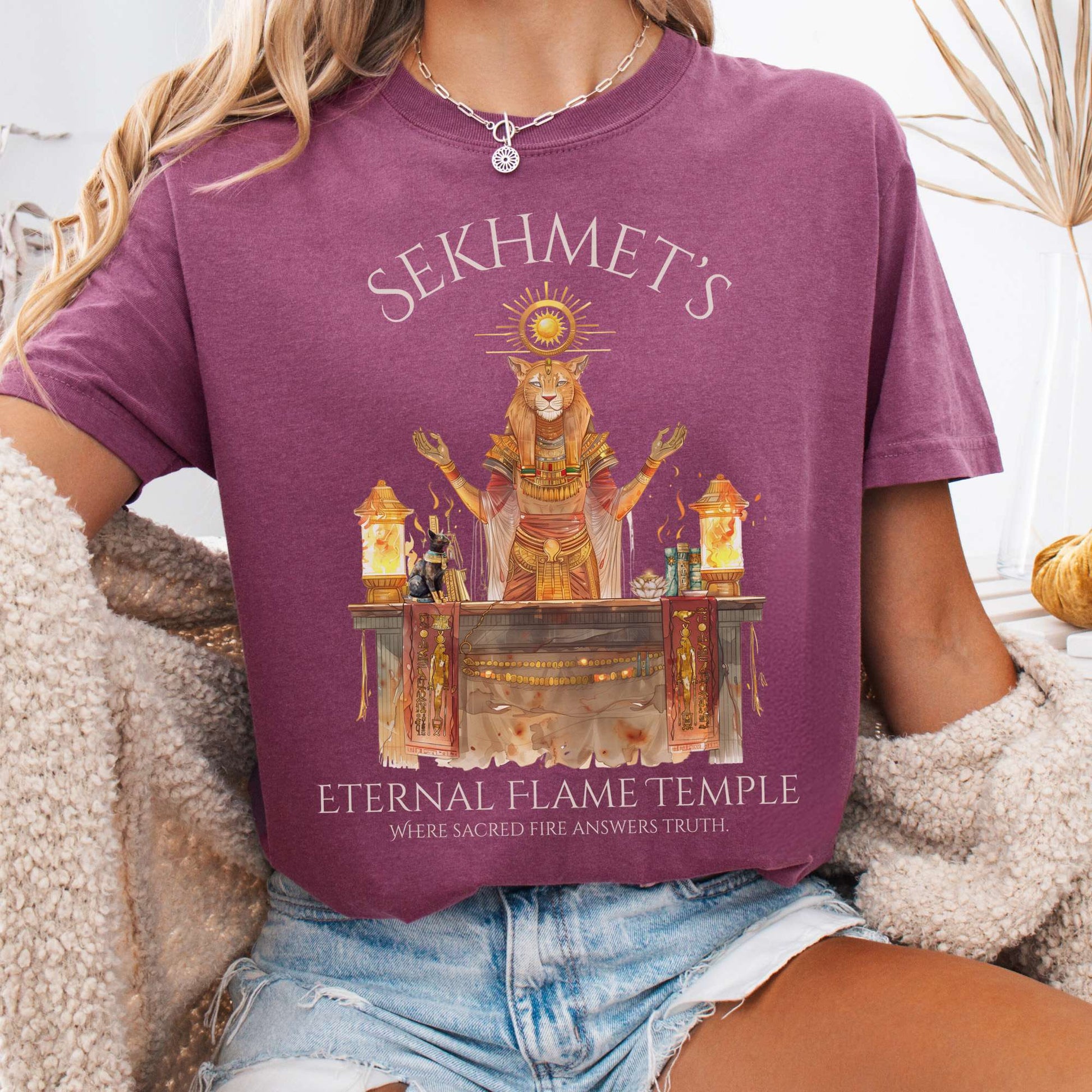 T-Shirt Berry / S Sekhmet's Eternal Flame Temple Egyptian Mythology Tee The Mystic Eden