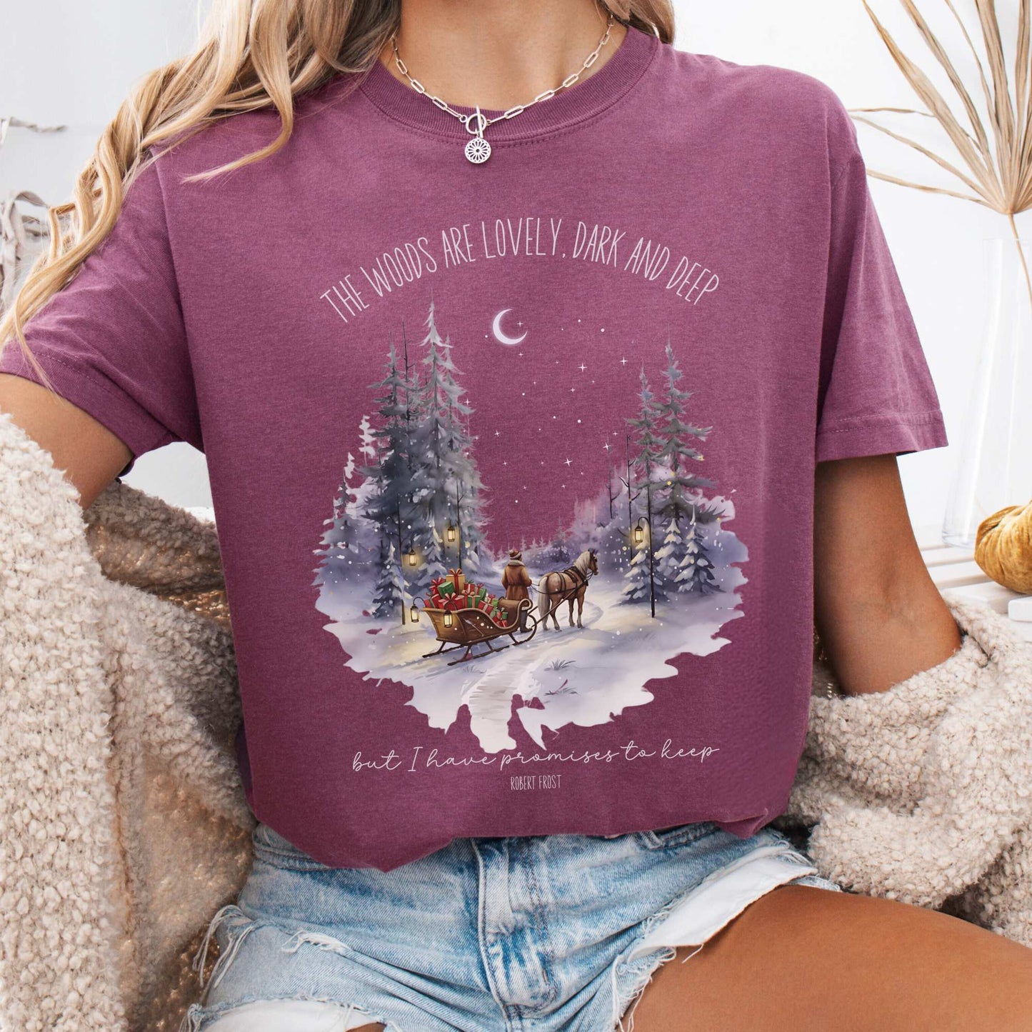 T-Shirt Berry / S The Woods Are Lovely Robert Frost Christmas Tee The Mystic Eden