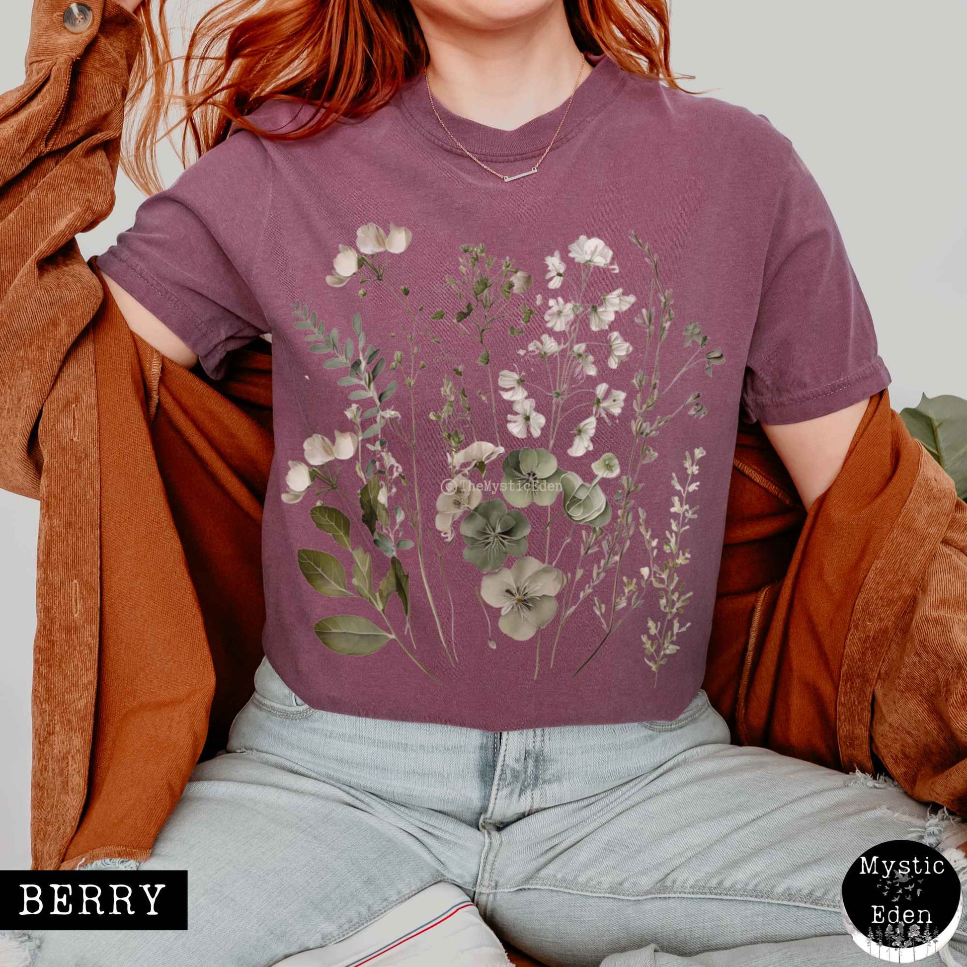 T-Shirt Berry / S Vintage cottagecore sage and white wildflower shirt The Mystic Eden