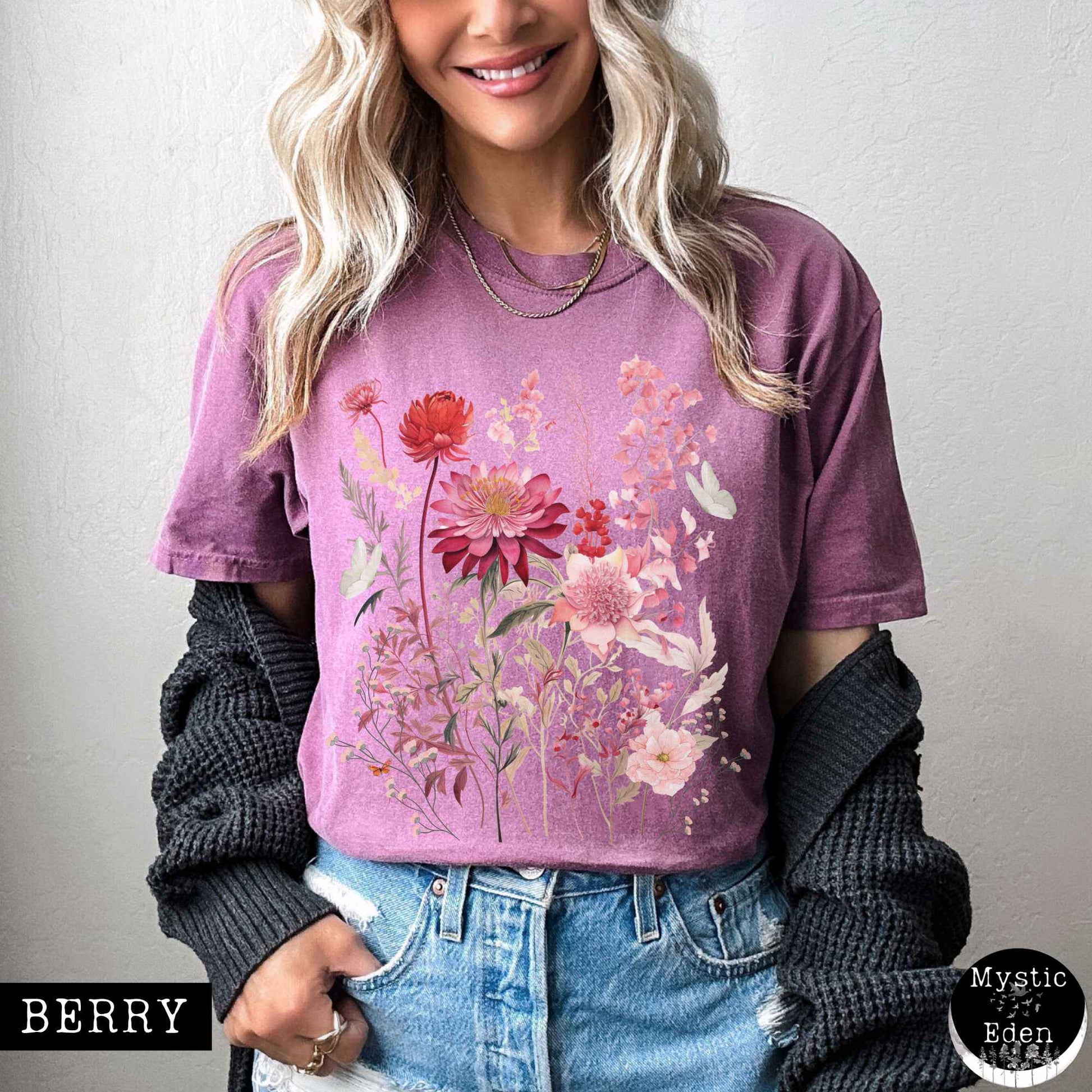 T-Shirt Berry / S Vintage pink floral wildflower and butterfly shirt The Mystic Eden