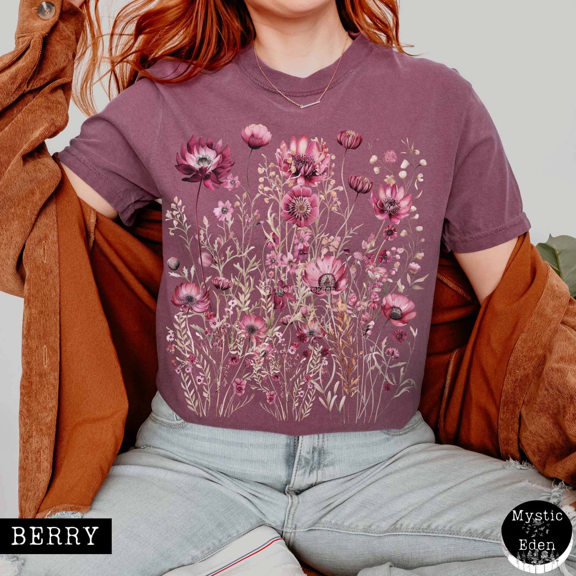 T-Shirt Berry / S Vintage wildflower maroon floral shirt The Mystic Eden