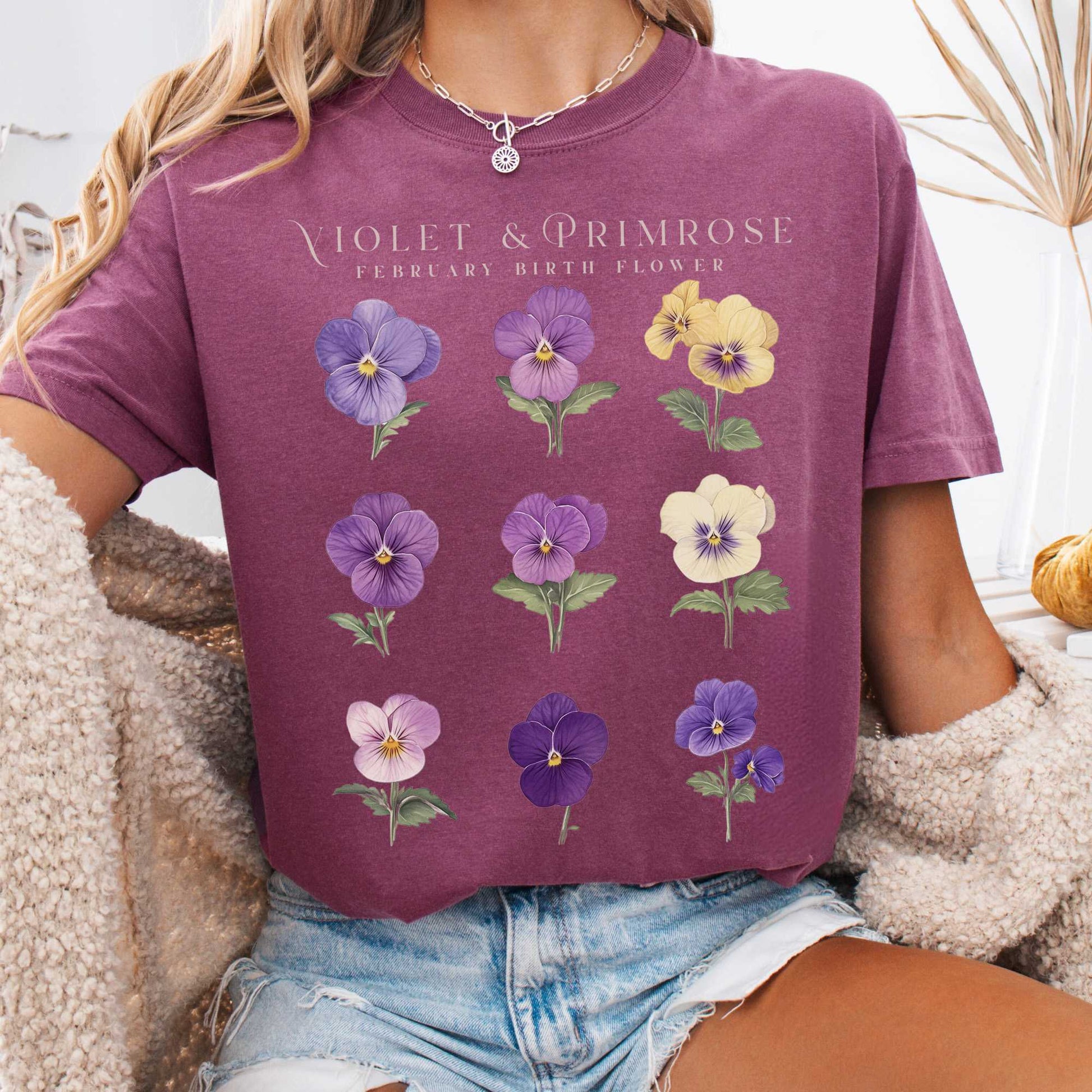 T-Shirt Berry / S Violet & Primrose February Birth Month Flower Shirt The Mystic Eden