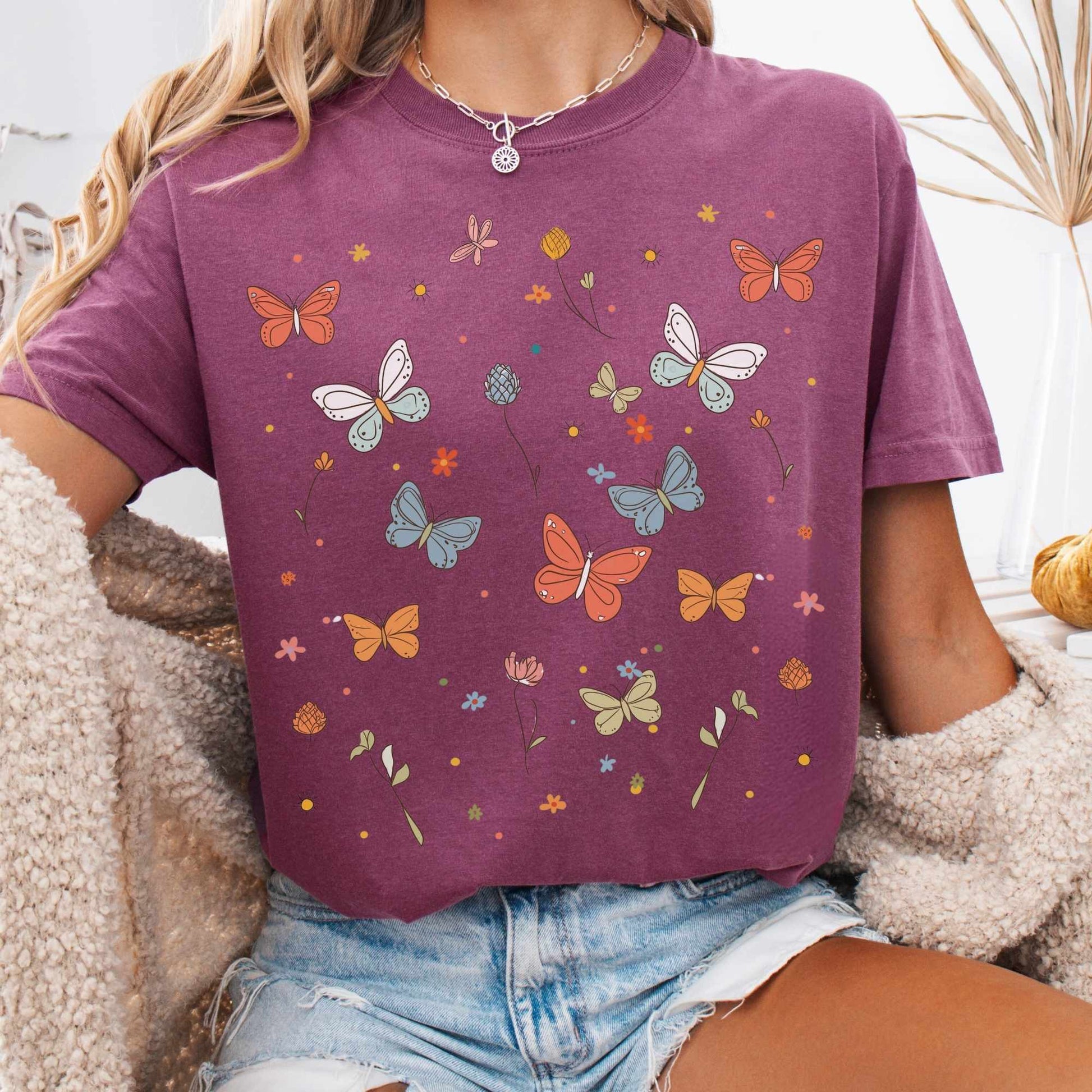 T-Shirt Berry / S Whimsical Bright Butterflies Cottagecore Shirt The Mystic Eden