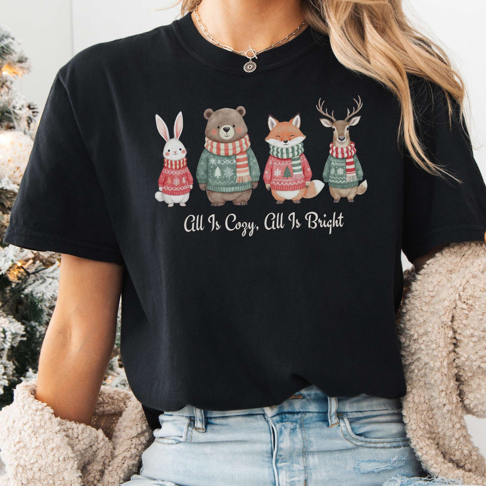 T-Shirt Black / S All Is Cozy, All Is Bright — Woodland Christmas Christmas Tee The Mystic Eden