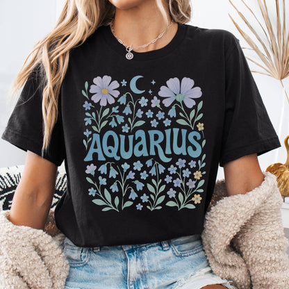 T-Shirt Black / S Aquarius Floral T-Shirt – Retro Floral Zodiac Tee The Mystic Eden