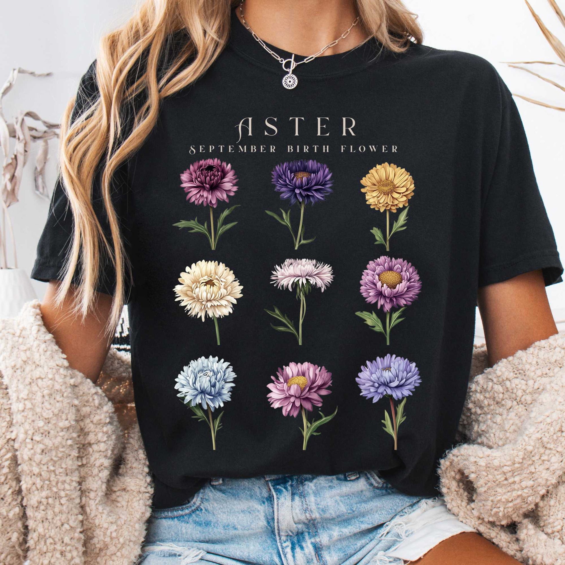 T-Shirt Black / S Aster September Birth Month Flower Shirt The Mystic Eden