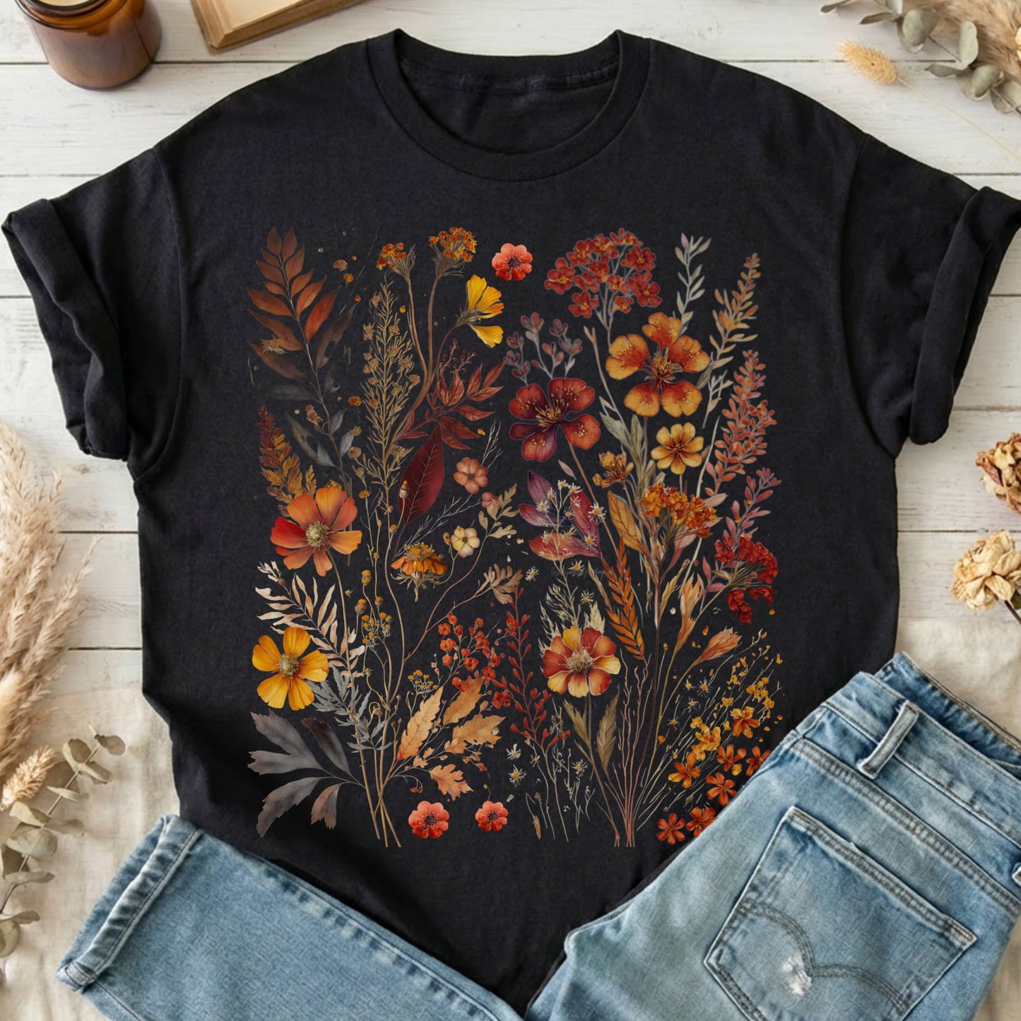 T-Shirt Black / S Autumn Cottagecore Wildflowers T-Shirt The Mystic Eden