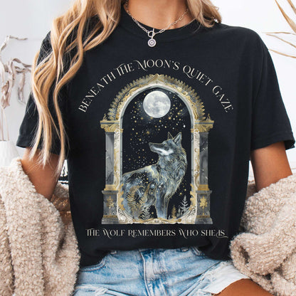 T-Shirt Black / S Beneath The Moon The Wolf Remembers Who She Is Tee The Mystic Eden