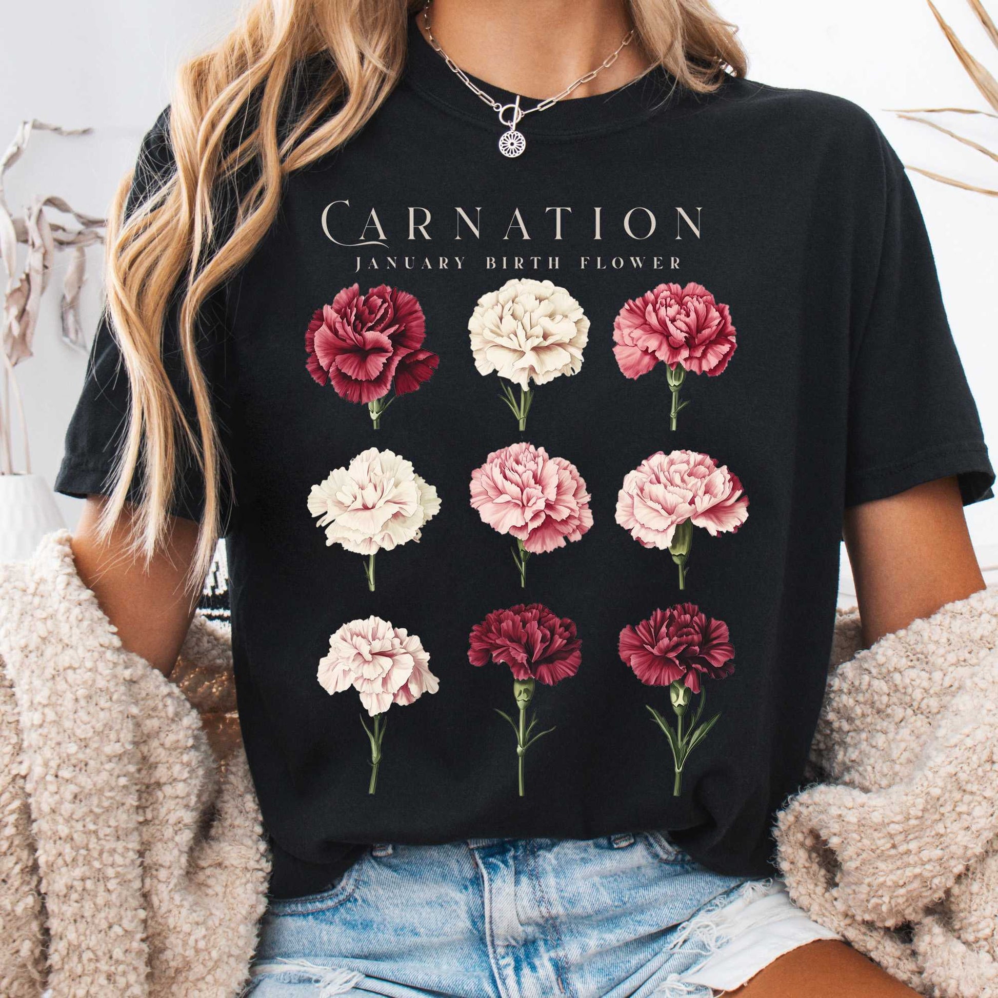 T-Shirt Black / S Carnation January Birth Month Flower Shirt The Mystic Eden