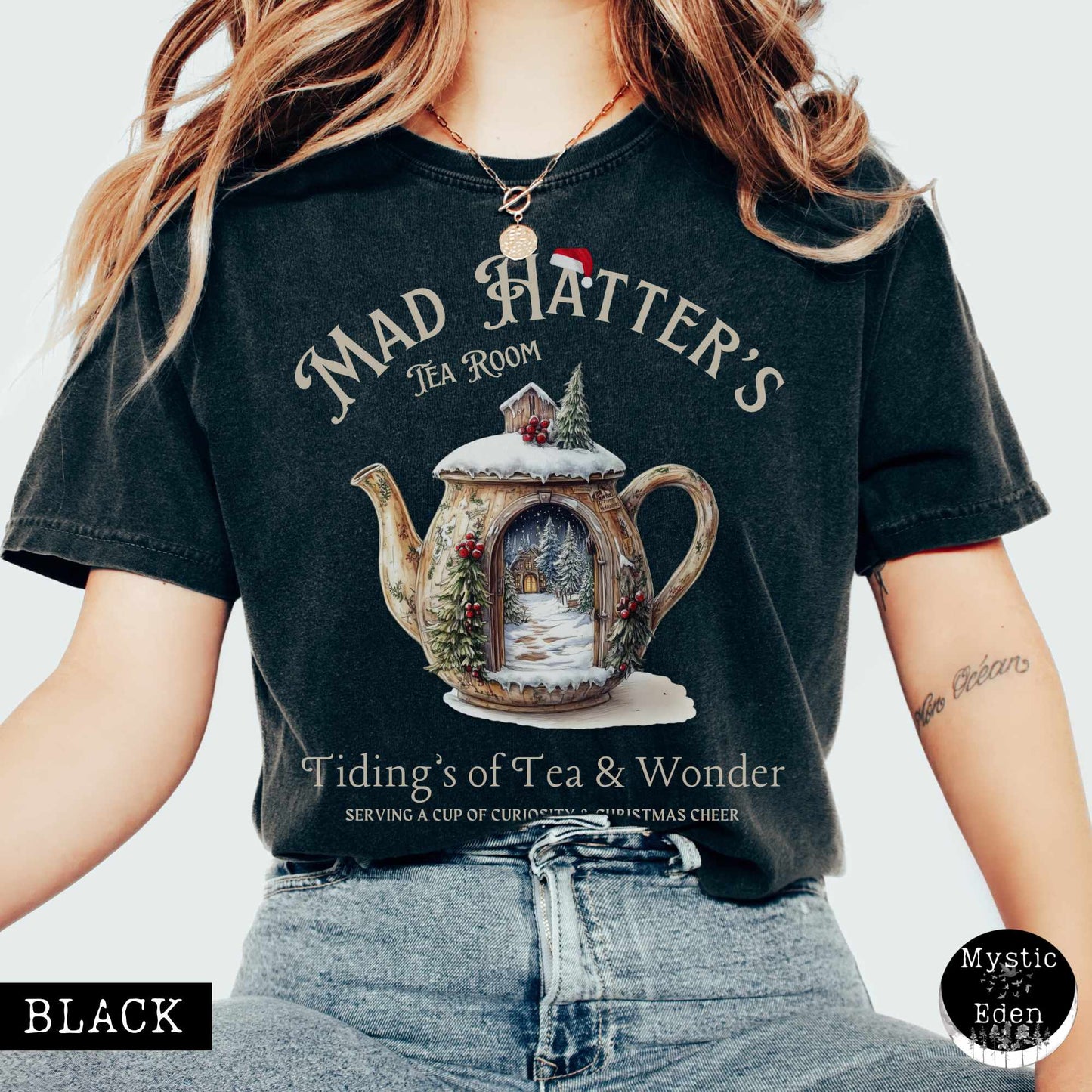 T-Shirt Black / S Christmas Vintage Mad Hatter's Tea Room Shirt - Christmas Edition Tee The Mystic Eden