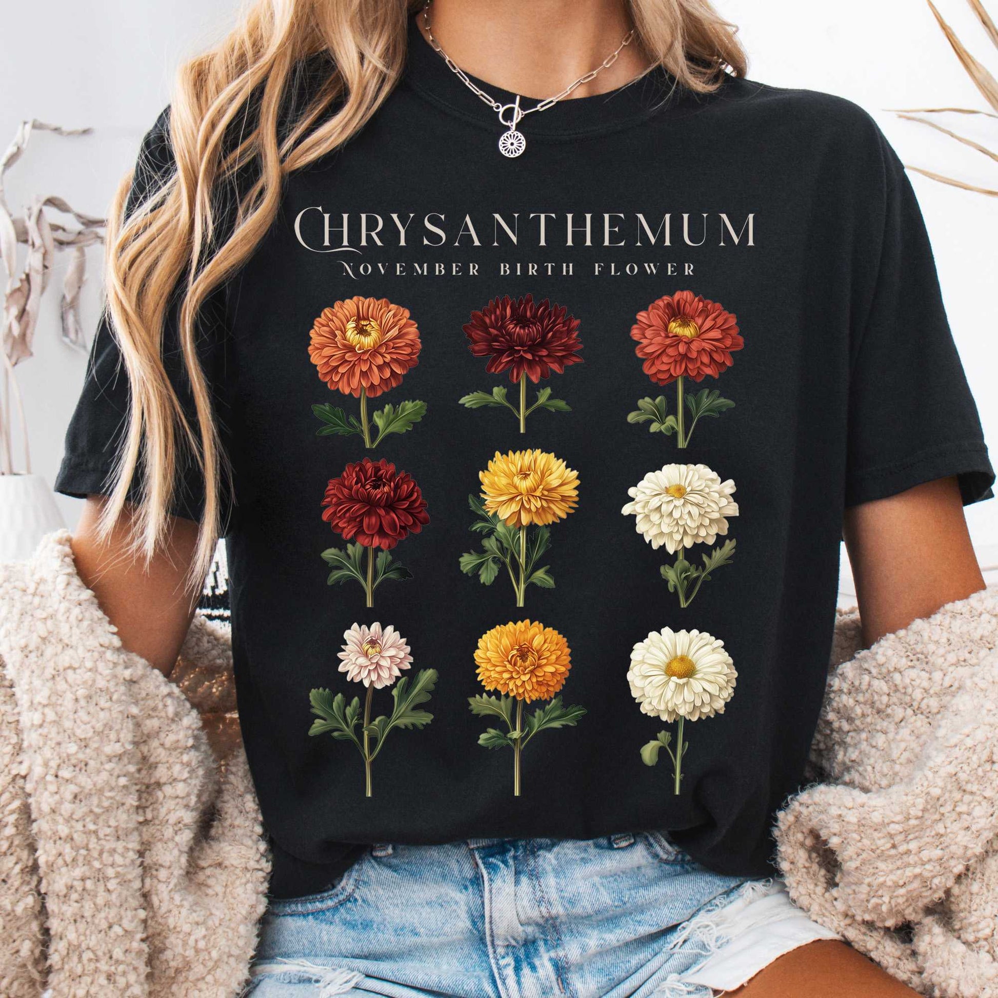 T-Shirt Black / S Chrysanthemum November Birth Month Flower Shirt The Mystic Eden