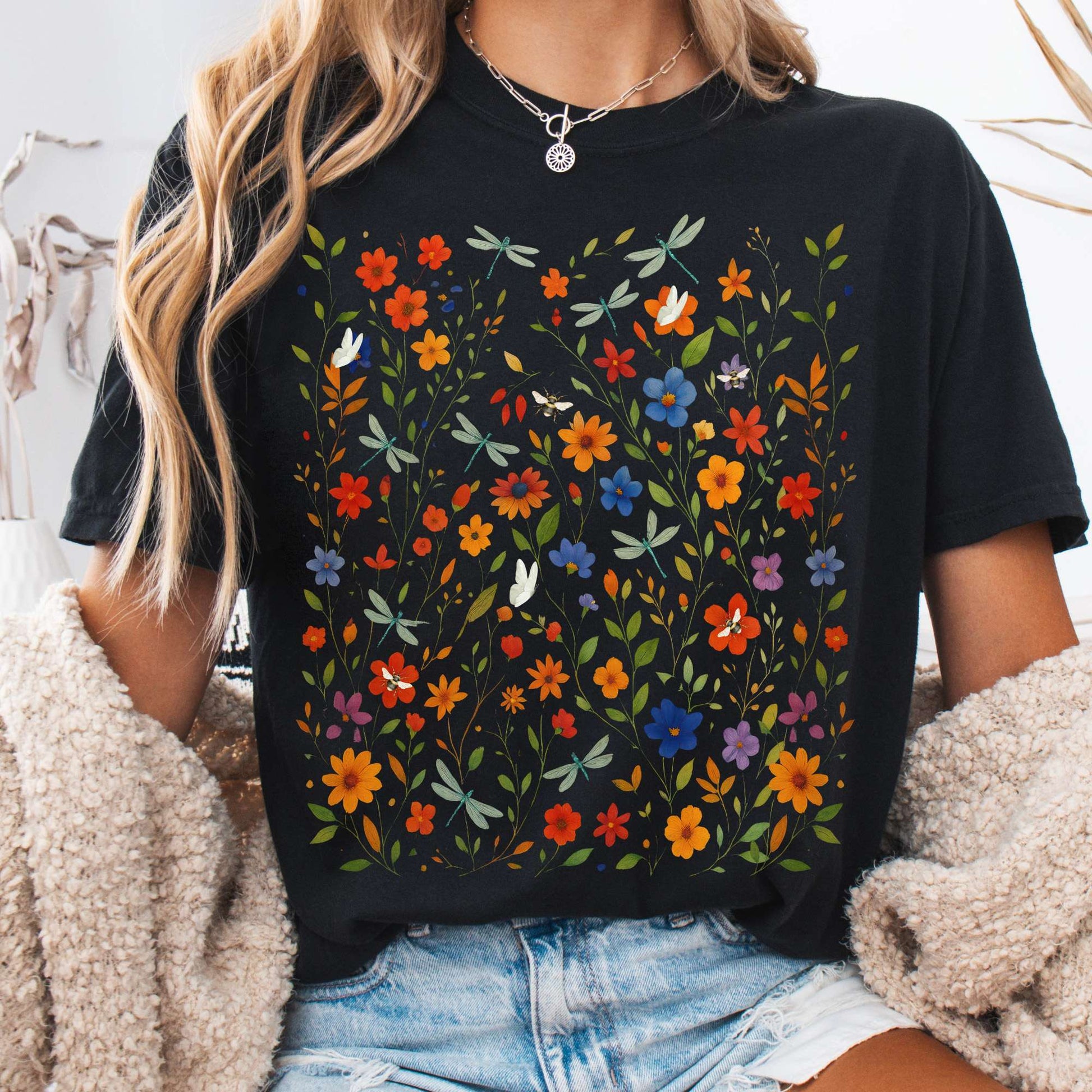 T-Shirt Black / S Dragonfly Meadow T-Shirt – Whimsical Floral Tee The Mystic Eden
