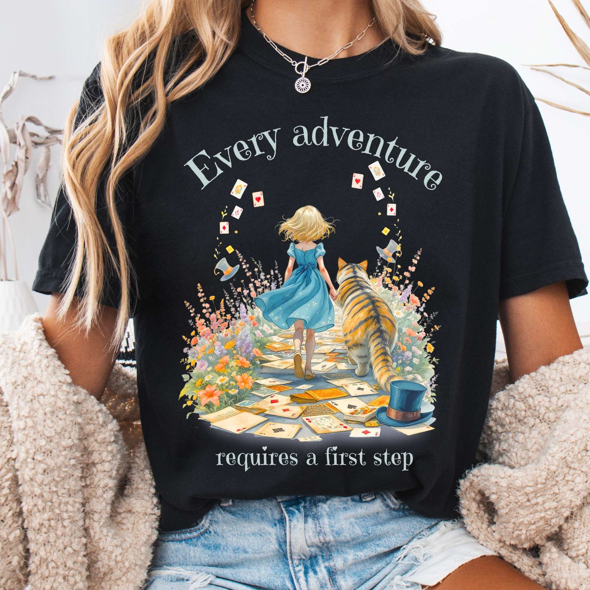 T-Shirt Black / S Every Adventure Requires a First Step Alice Tee The Mystic Eden