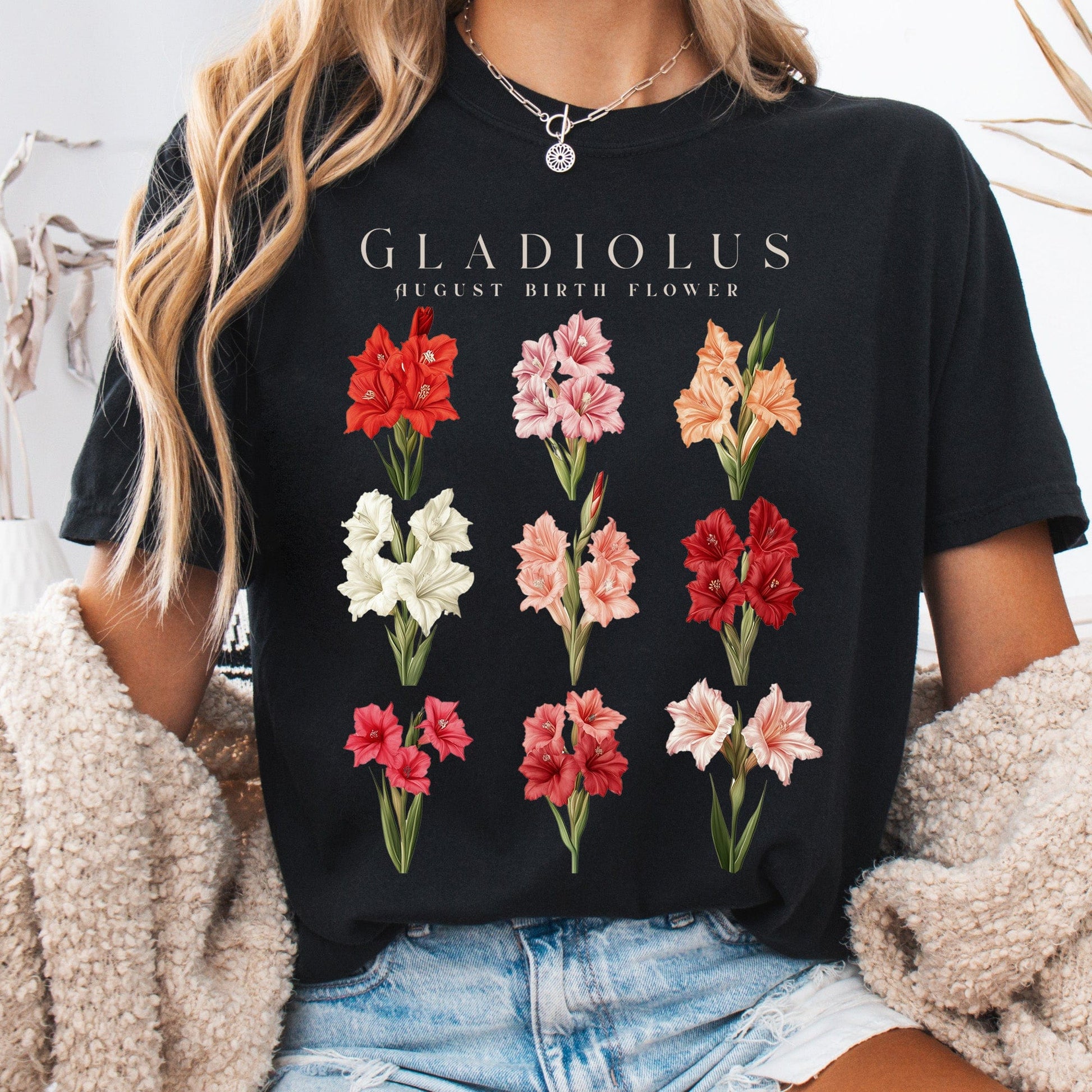 T-Shirt Black / S Gladiolus August Birth Month Flower Shirt The Mystic Eden