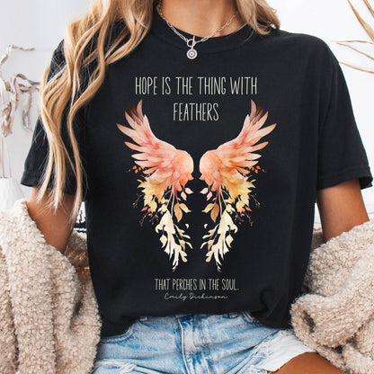 T-Shirt Black / S Hope is the Thing With Feathers Emily Dickinson T-Shirt – Literary Wings Tee The Mystic Eden