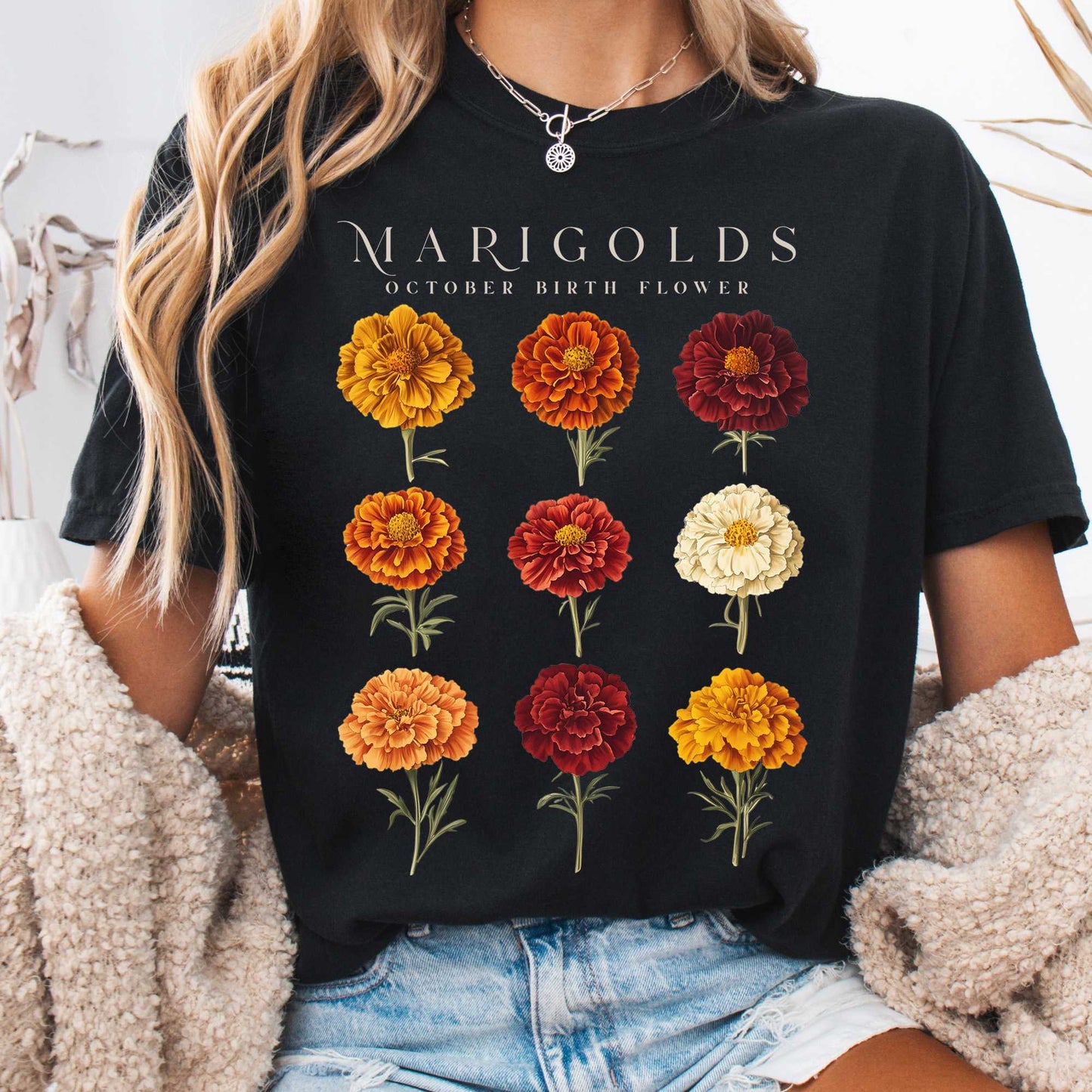 T-Shirt Black / S Marigolds October Birth Month Flower Shirt The Mystic Eden