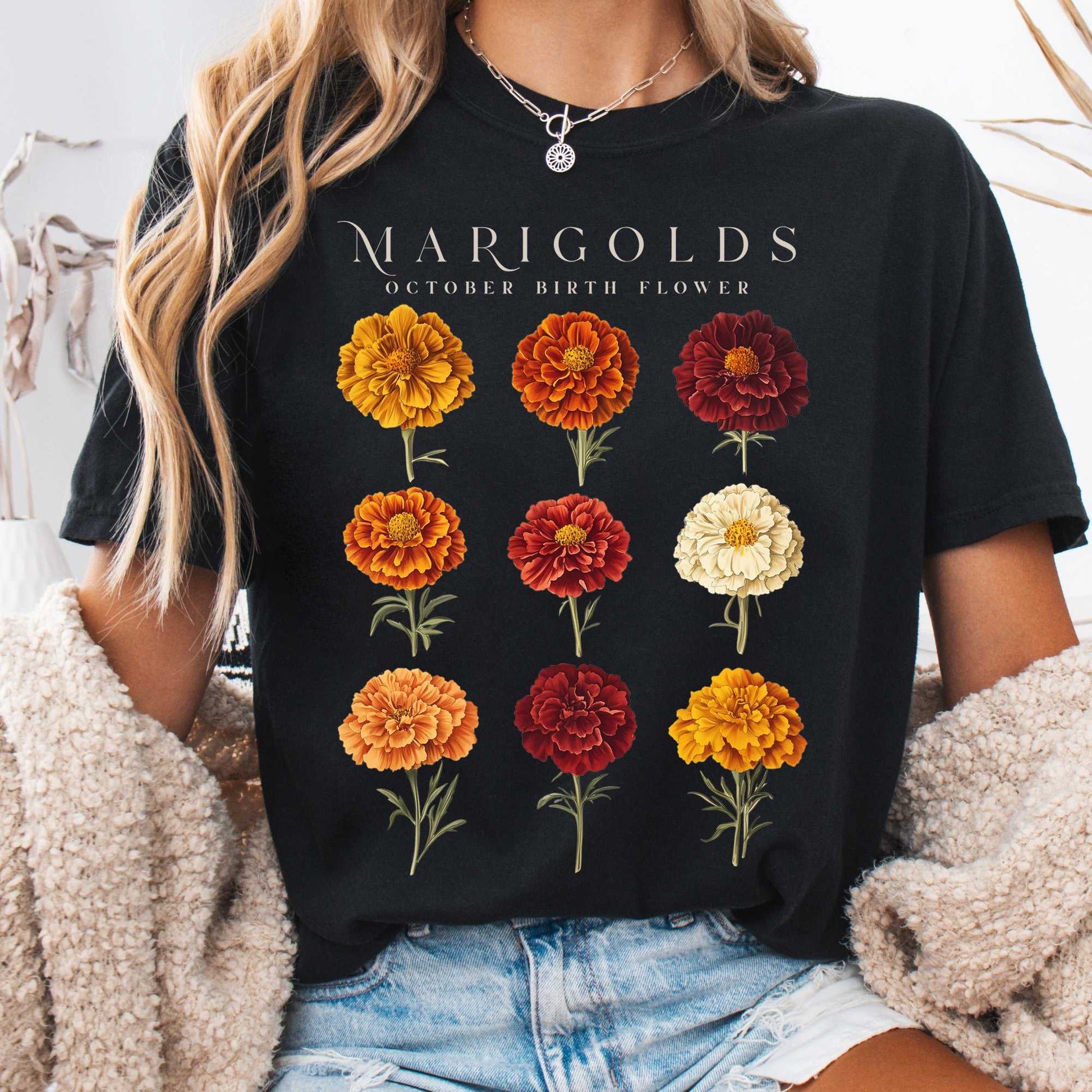 T-Shirt Black / S Marigolds October Birth Month Flower Shirt The Mystic Eden