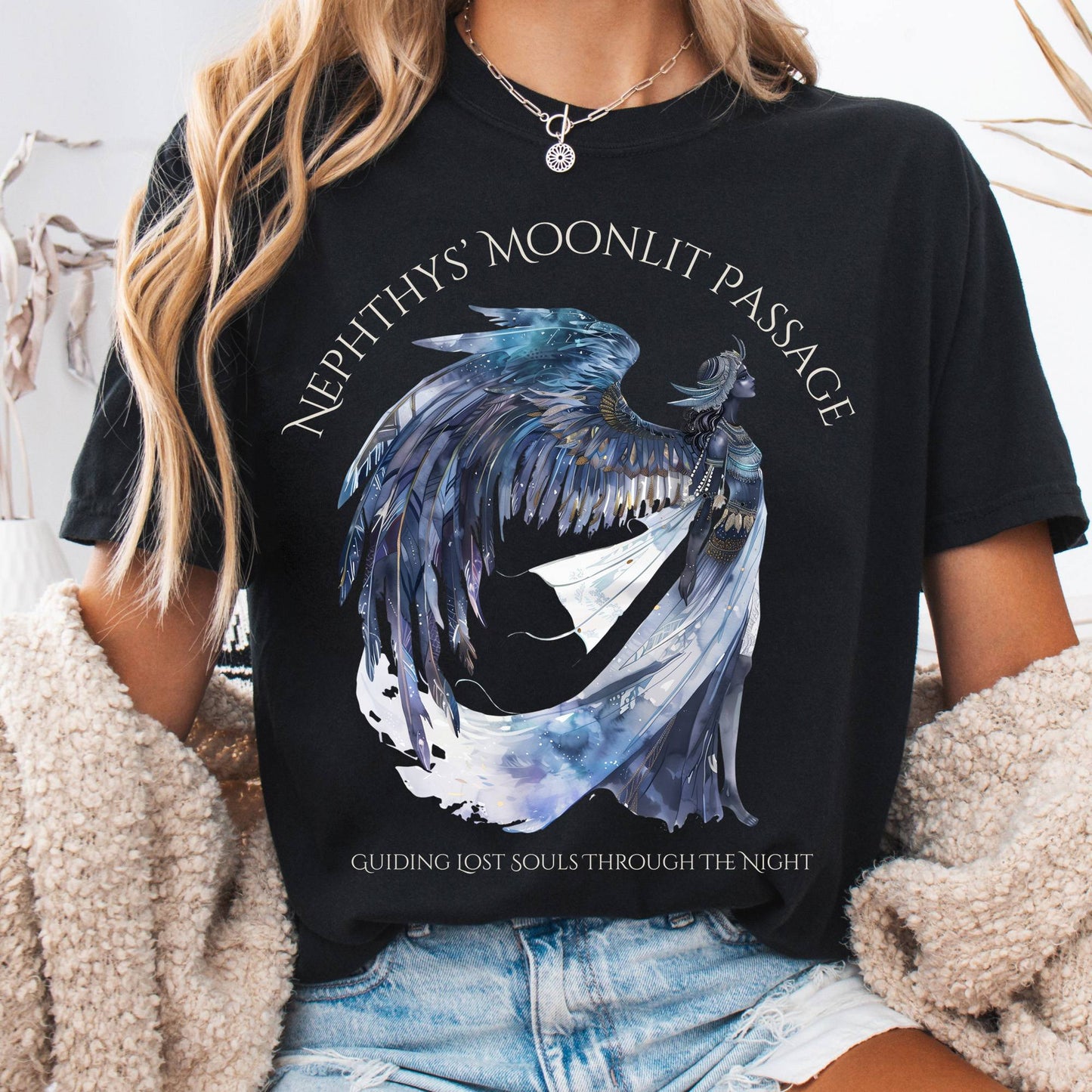 T-Shirt Black / S Nephthys' Moonlit Passage Egyptian Mythology Tee The Mystic Eden